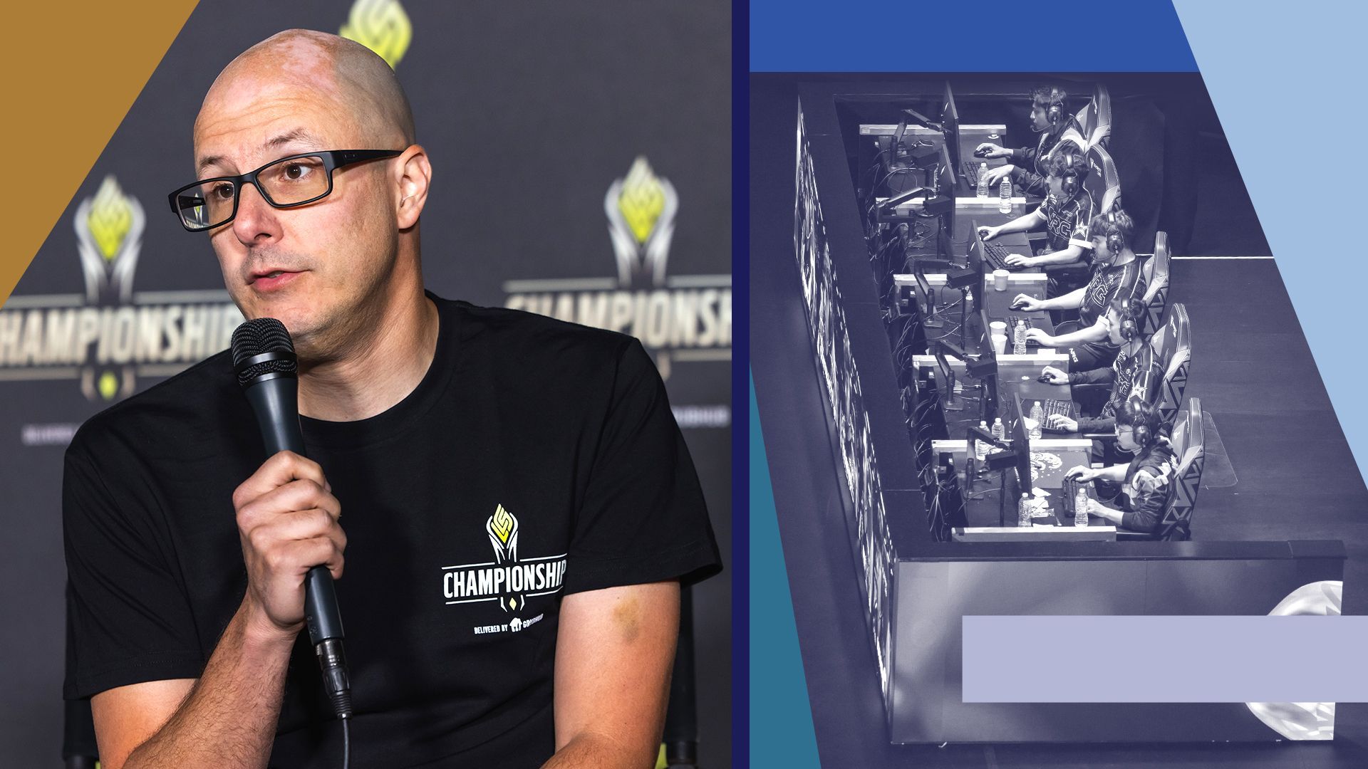 Photo illustration of Raul Fernandez with abstract geometric shapes and a photo of gamers.