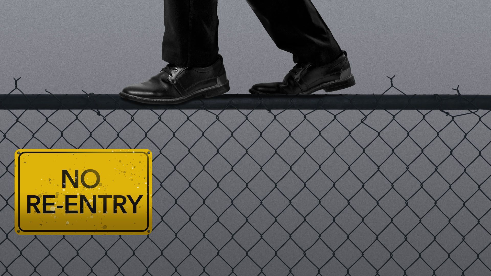 An illustration is seen depicting feet atop a chain-link fence bearing a sign that reads, 