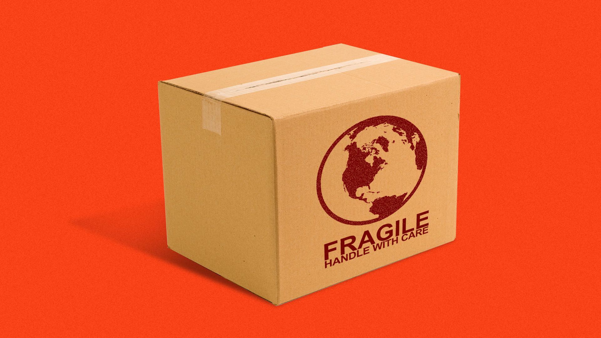Illustration of a package with an earth logo on it and the words "fragile, handle with care"