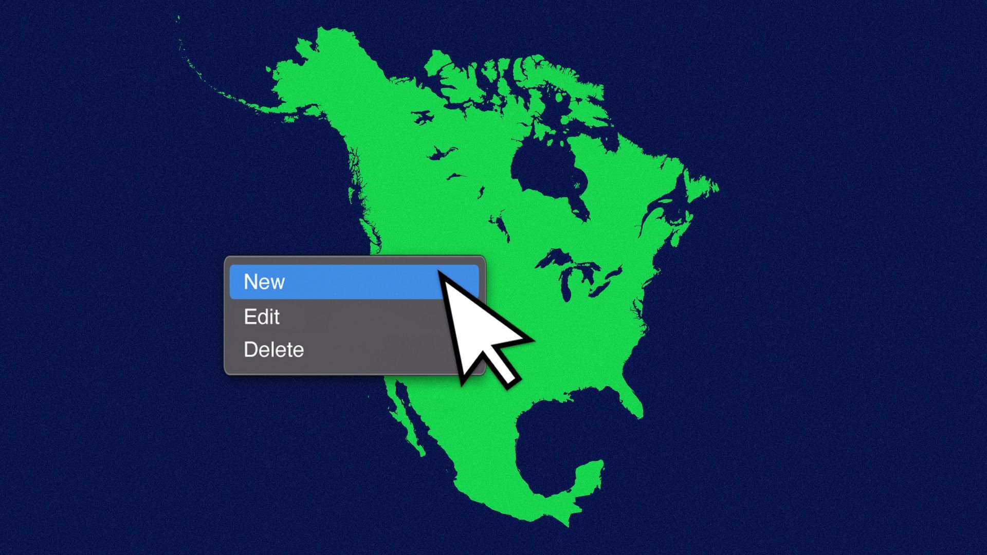 an illustration of a map of north america with a cursor on top of it clicking the word NEW from a drop down menu
