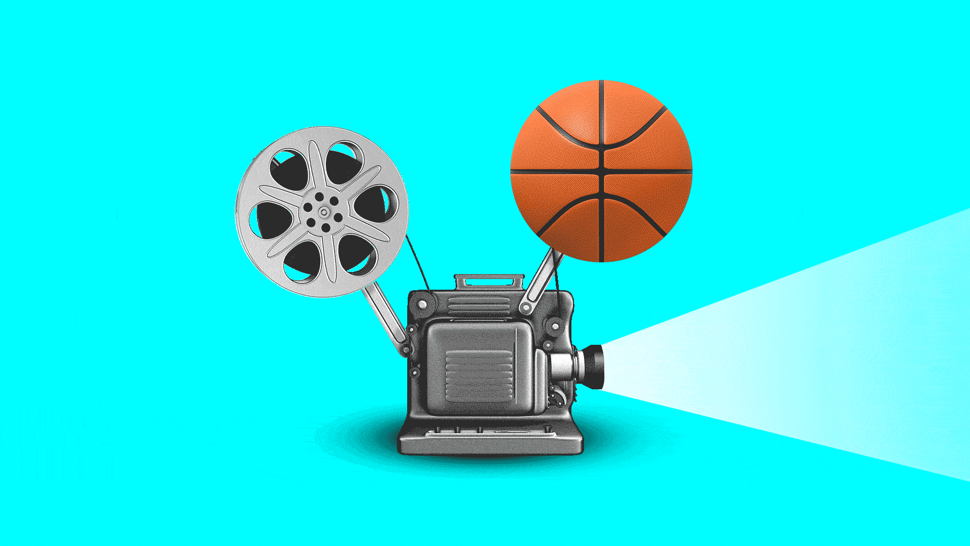 Animated illustration of a film projector with  one of the reels replaced by a basketball