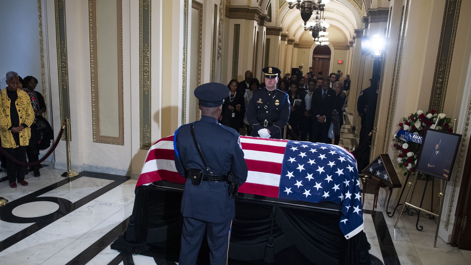 Guests pay respects to the late Rep. Elijah Cummings as his remains lie in state outside the House Chamber of the U.S. Capitol October 24, 2019 in Washington, D.C.