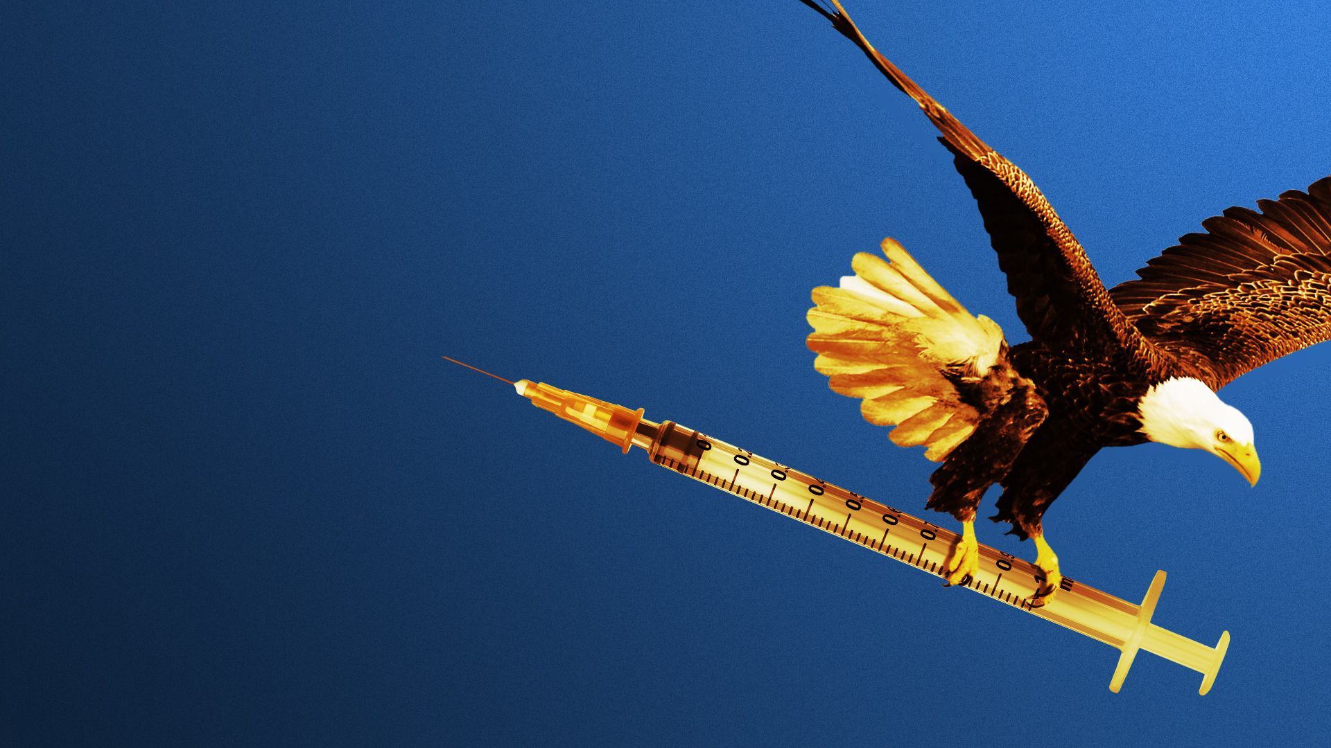 Illustration of a bald eagle clutching a syringe in its talons.