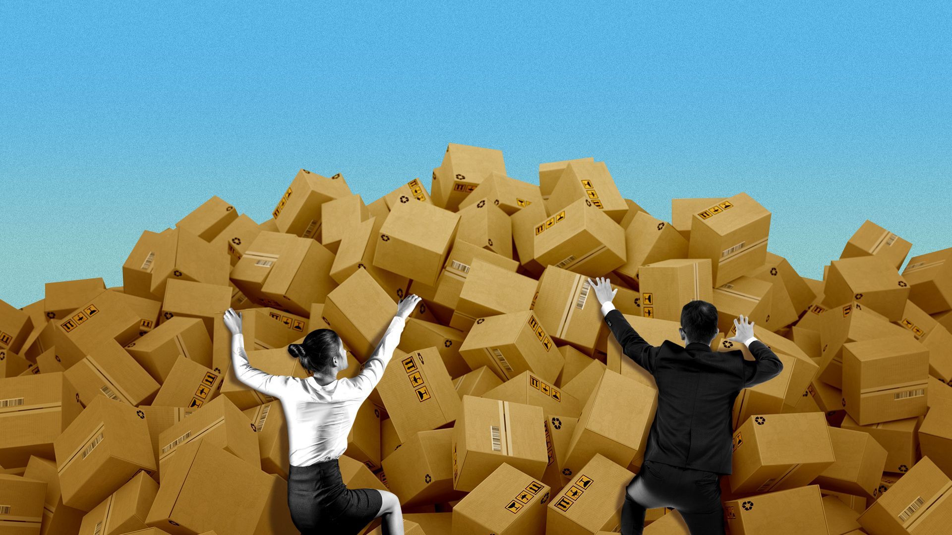 Illustration of two business people racing to climb up a pile of cardboard boxes. 