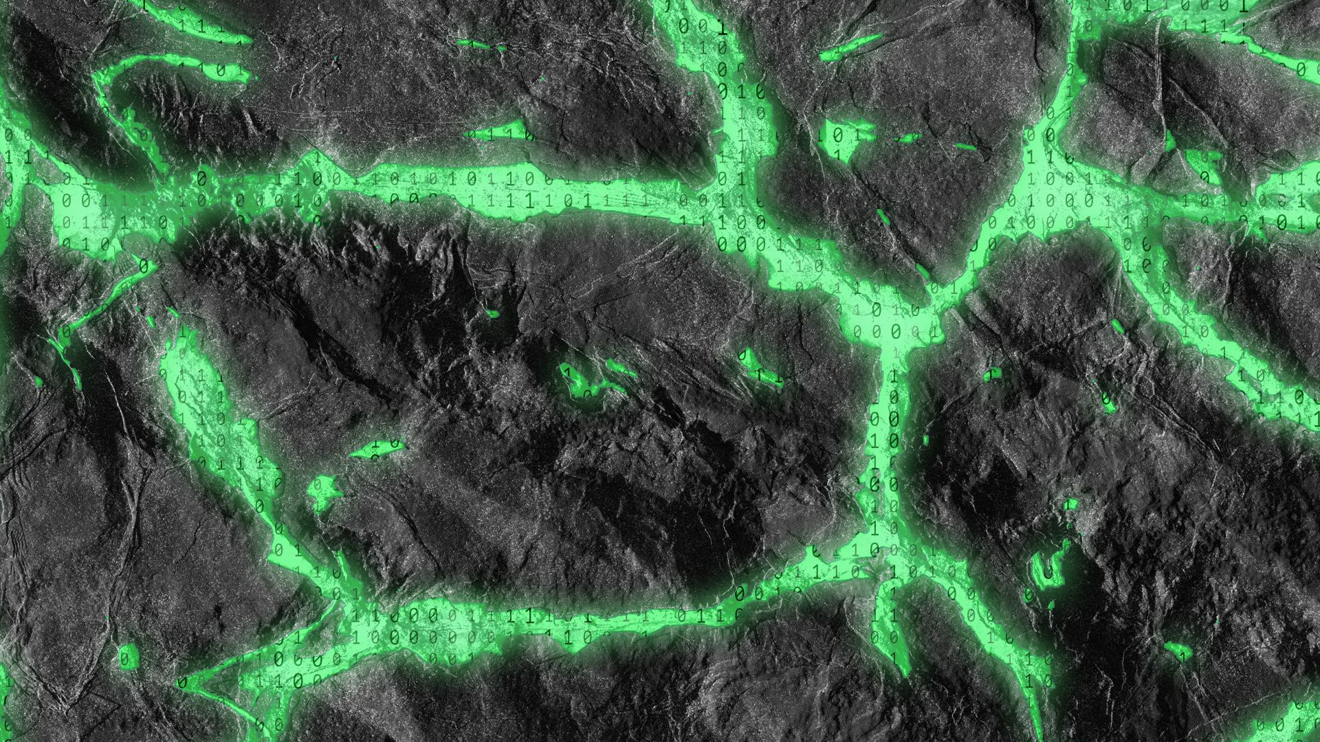 Illustration of a mineral vein in a rock wall showing binary code and glowing green. 