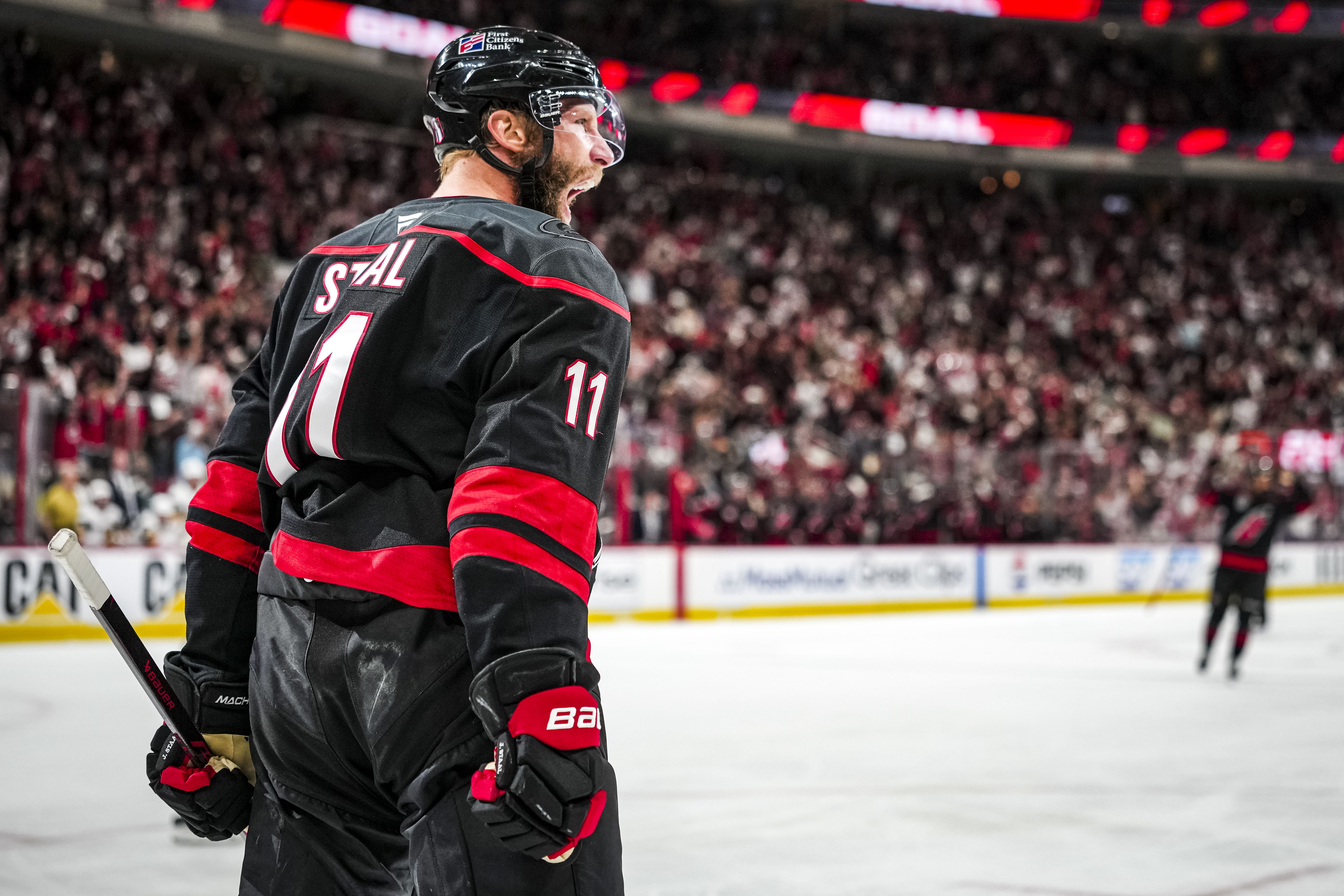Jordan Staal #11 of the Carolina Hurricanes celebrates after scoring a goal during the first period in Game Five of the 2026 Stanley Cup Final at Lenovo Center.