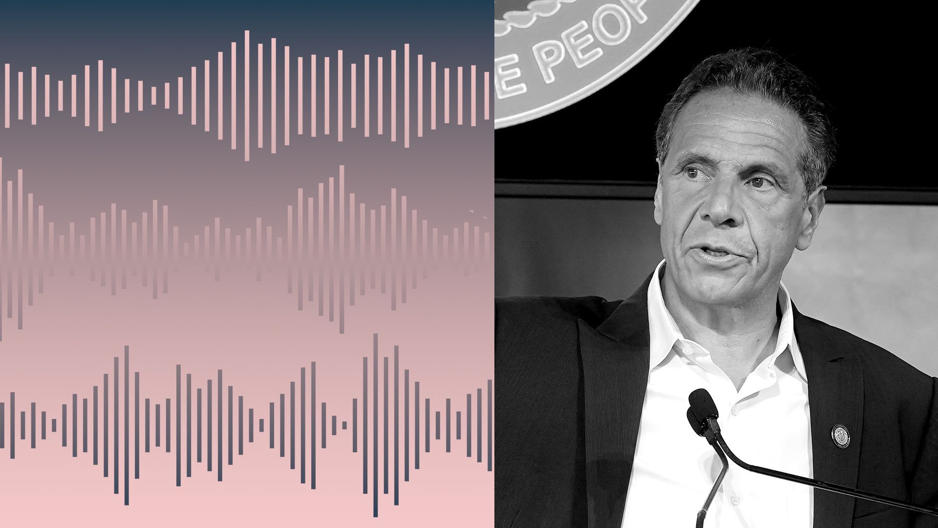 Photo illustration of Andrew Cuomo next to three audio waveforms. 