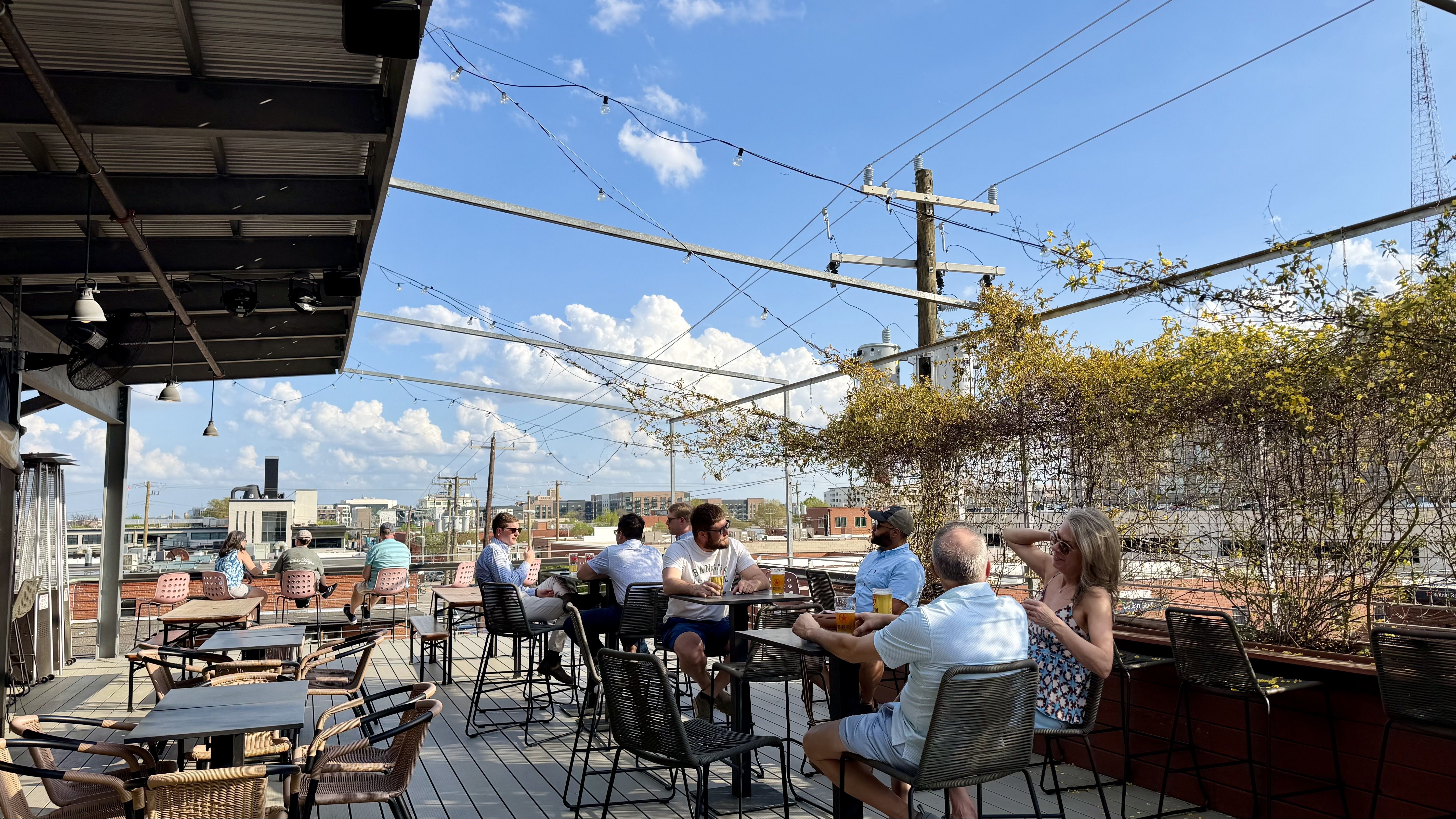 Rooftop patio with string lights and mixed seating; people chat and drink beers as a blue sky, clouds, and distant city skyline rise behind climbing vines on a trellis.