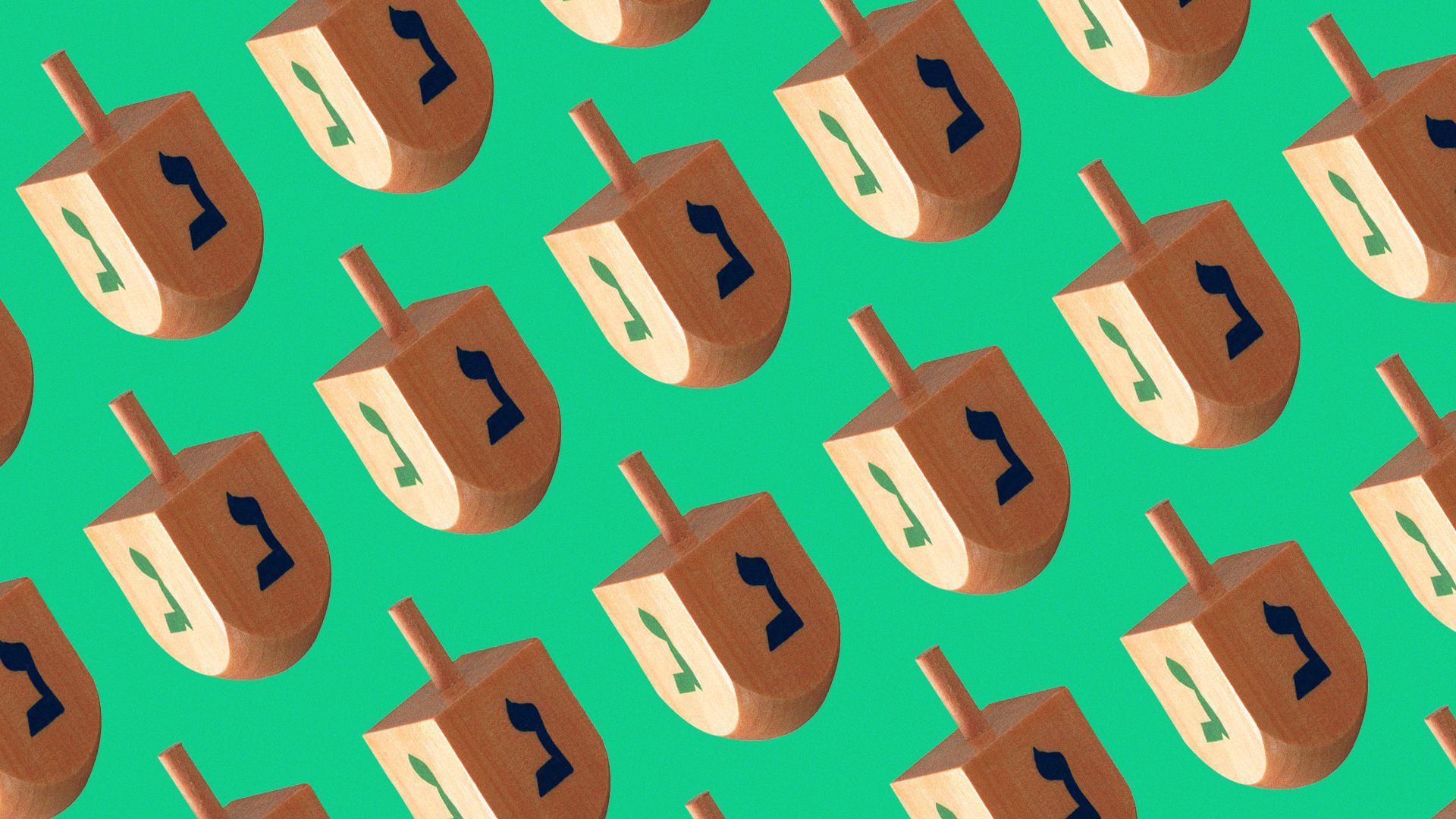 A pattern of repeating dreidels on a green background.