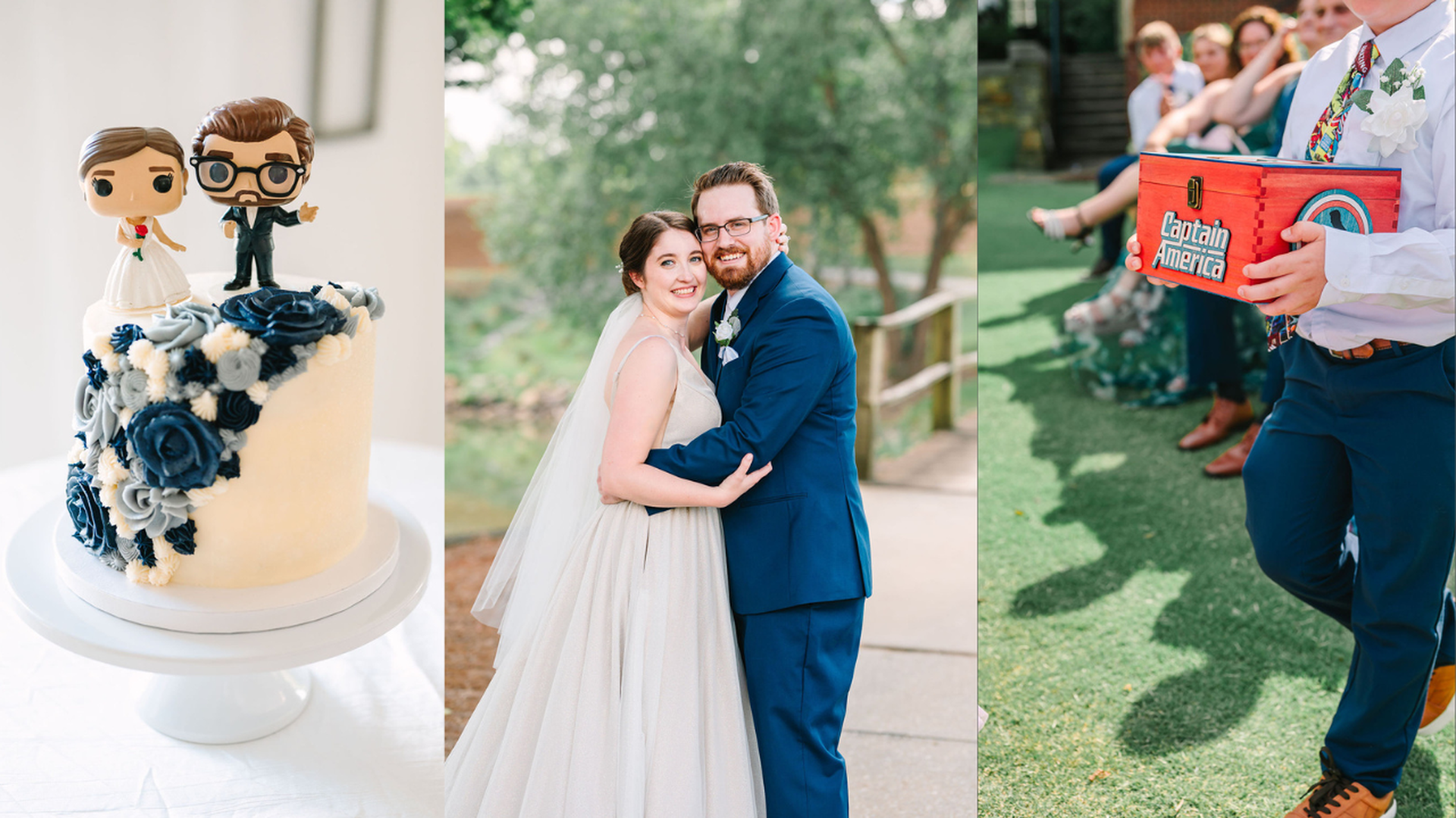 Wedding collage: cake with blue-gray flowers and bride/groom figurines, couple hugging outdoors, child holding red Captain America box, guests seated.