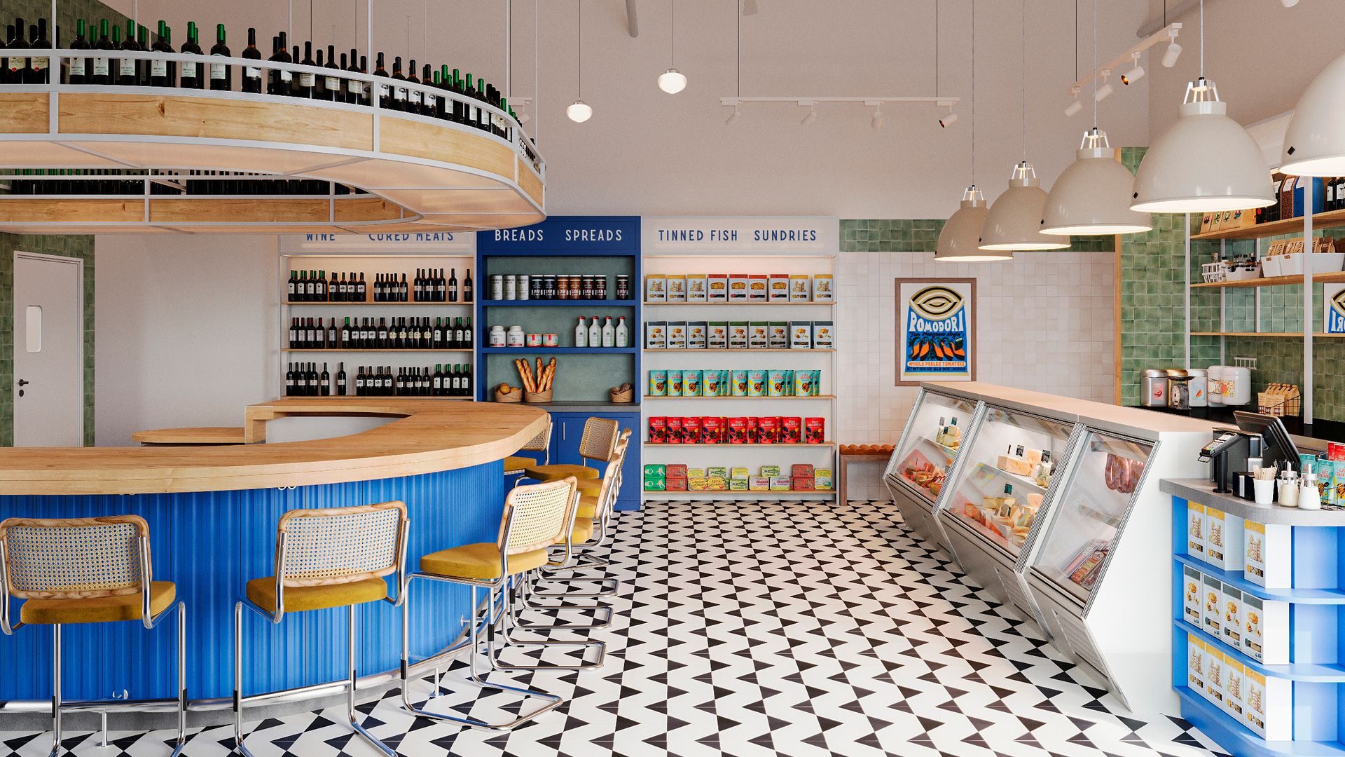 A rendering of the inside of Wedgewood Cheese Shop
