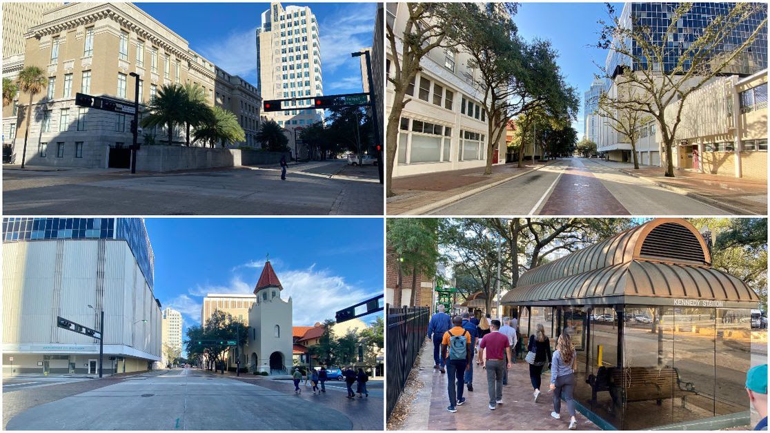 A collage of street scenes along Marion Street in downtown Tampa. 