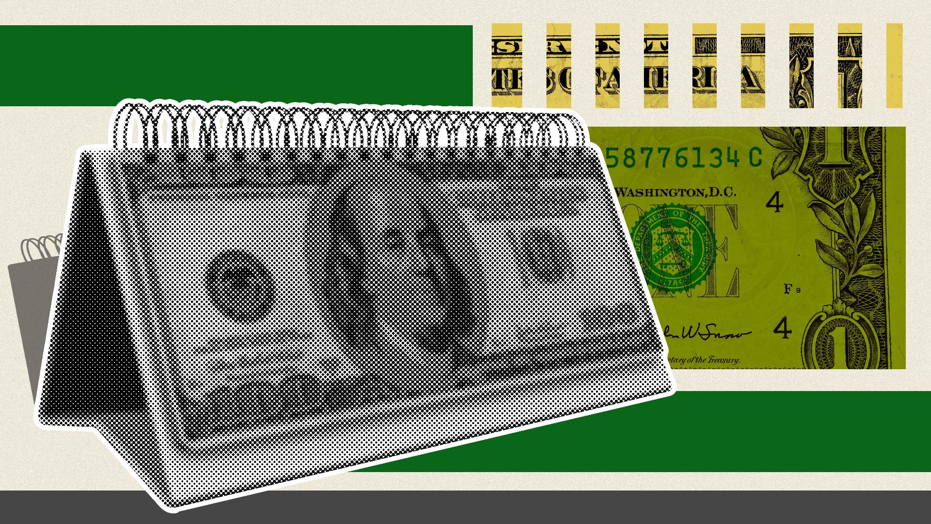 Illustration of a desktop calendar with a one hundred dollar bill as a page with currency and shapes behind it