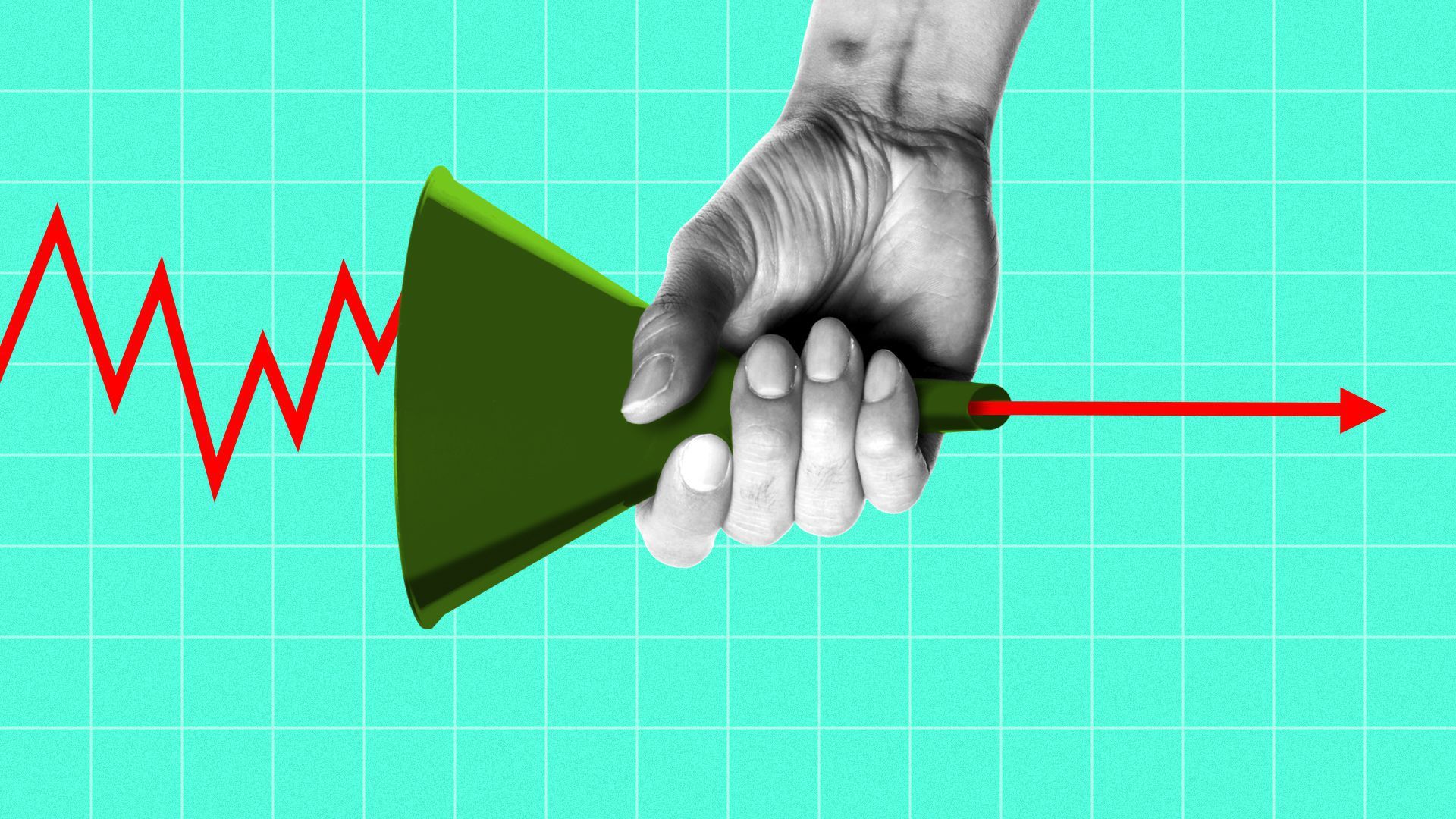 A hand grabbing a silo and it pushing an arrow out 