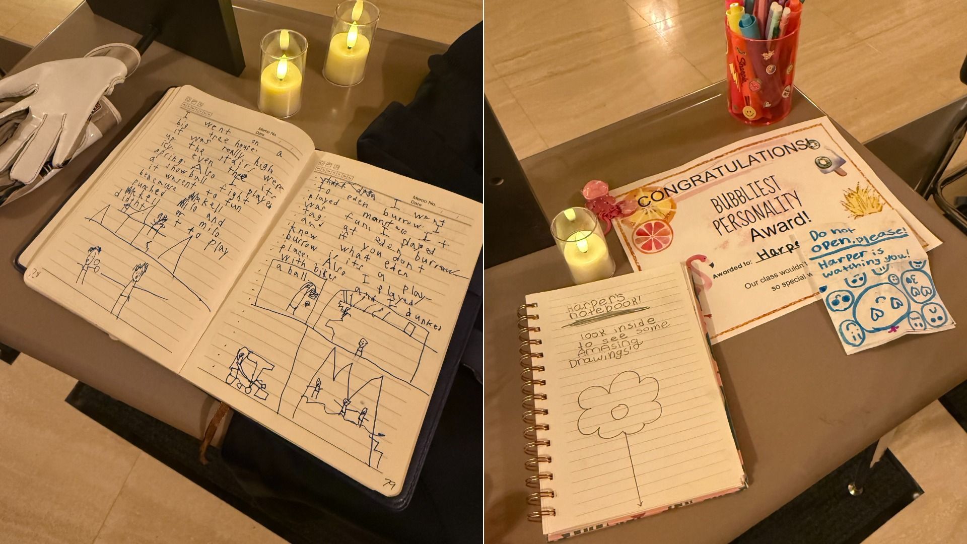 Two images of notebooks on a table with candles nearby. One shows handwritten stories with drawings; the other shows a notebook titled "Harper's Notebook!" and an award for "Bubblest Personality" with a note saying "Do not open."