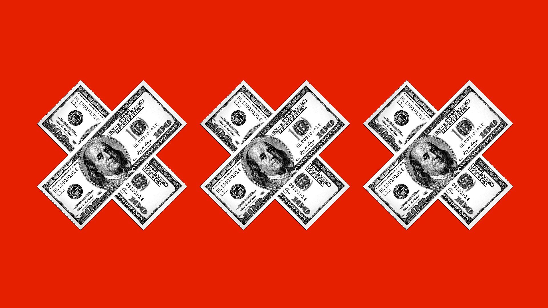 Illustration of "XXX" symbols made from crossed hundred dollar bills. 