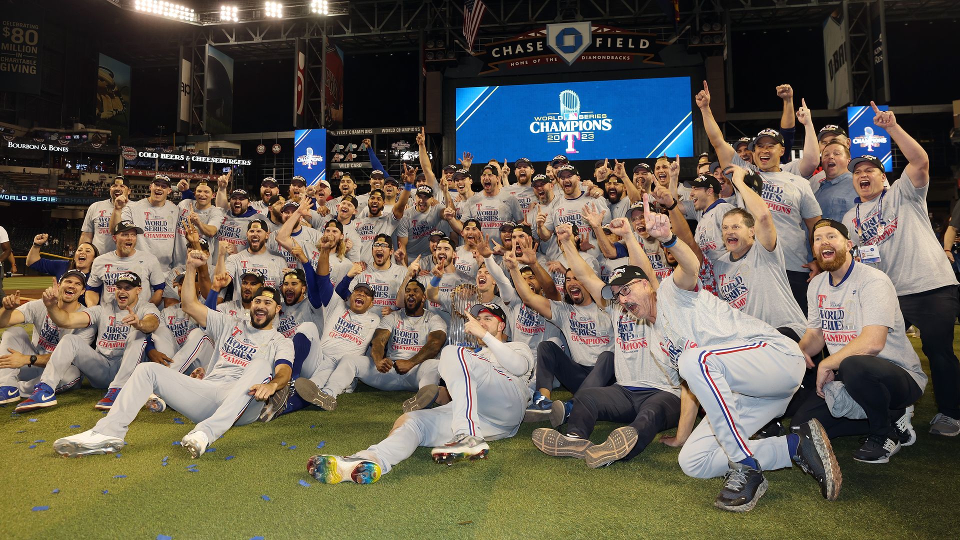 A team of baseball players in championship shirts after winning the World Series