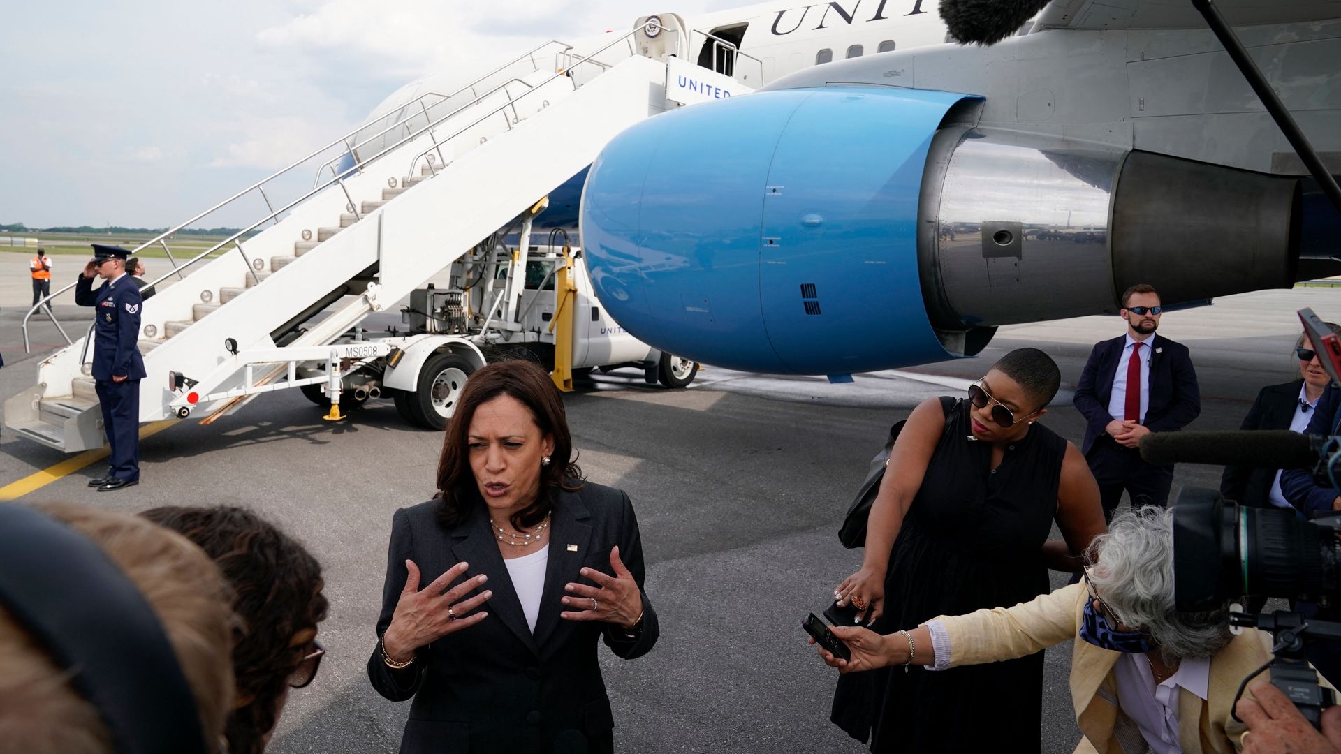 Vice President Harris speaking outside of Air Force Two in Atlanta, Georgia on June 18.