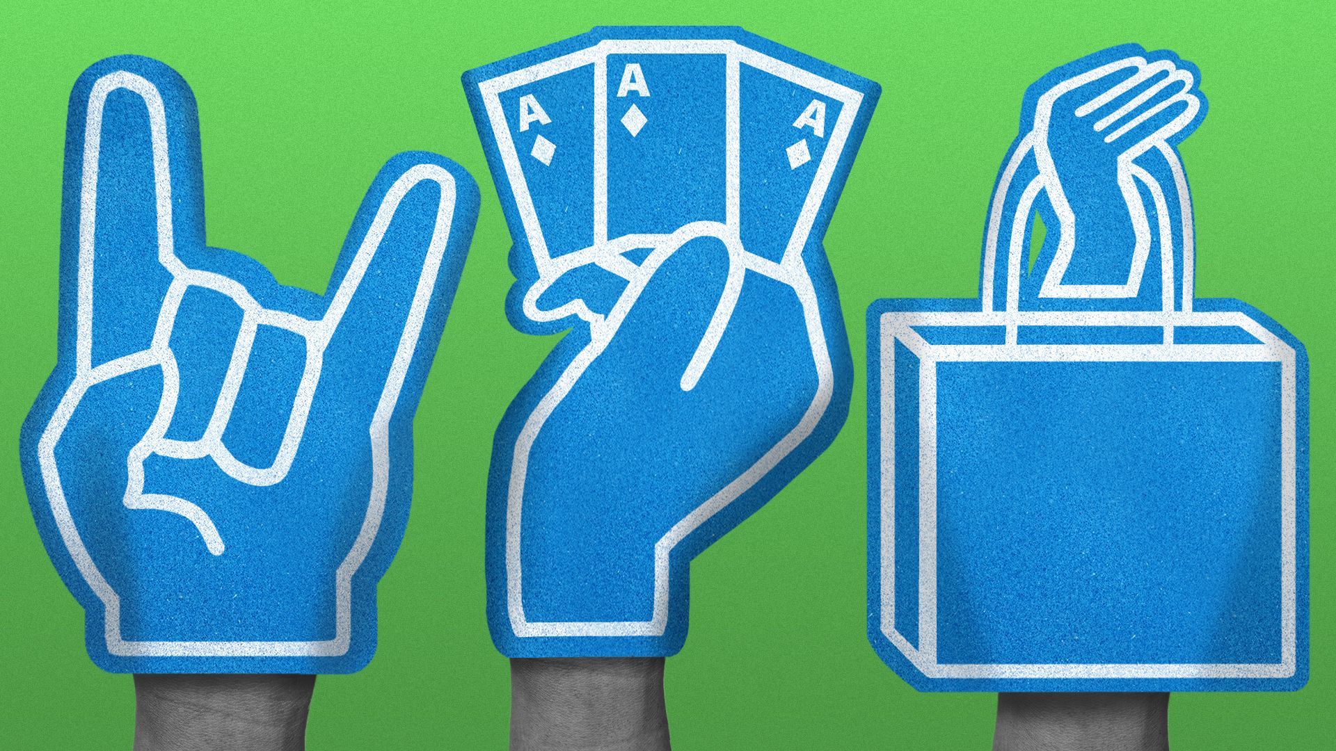 Illustration of three foam fingers: one with a rock hand sign, one holding playing cards and one holding a shopping bag.