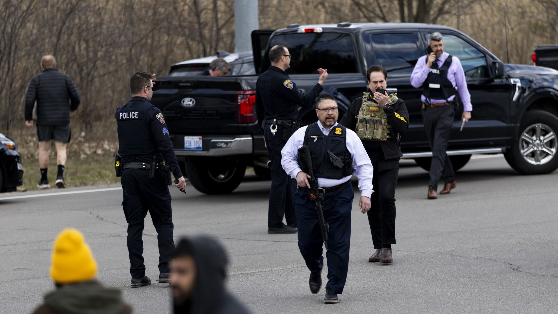 Law enforcement respond near Temple Israel following reports of an active shooter on March 12 in West Bloomfield, Mich. 