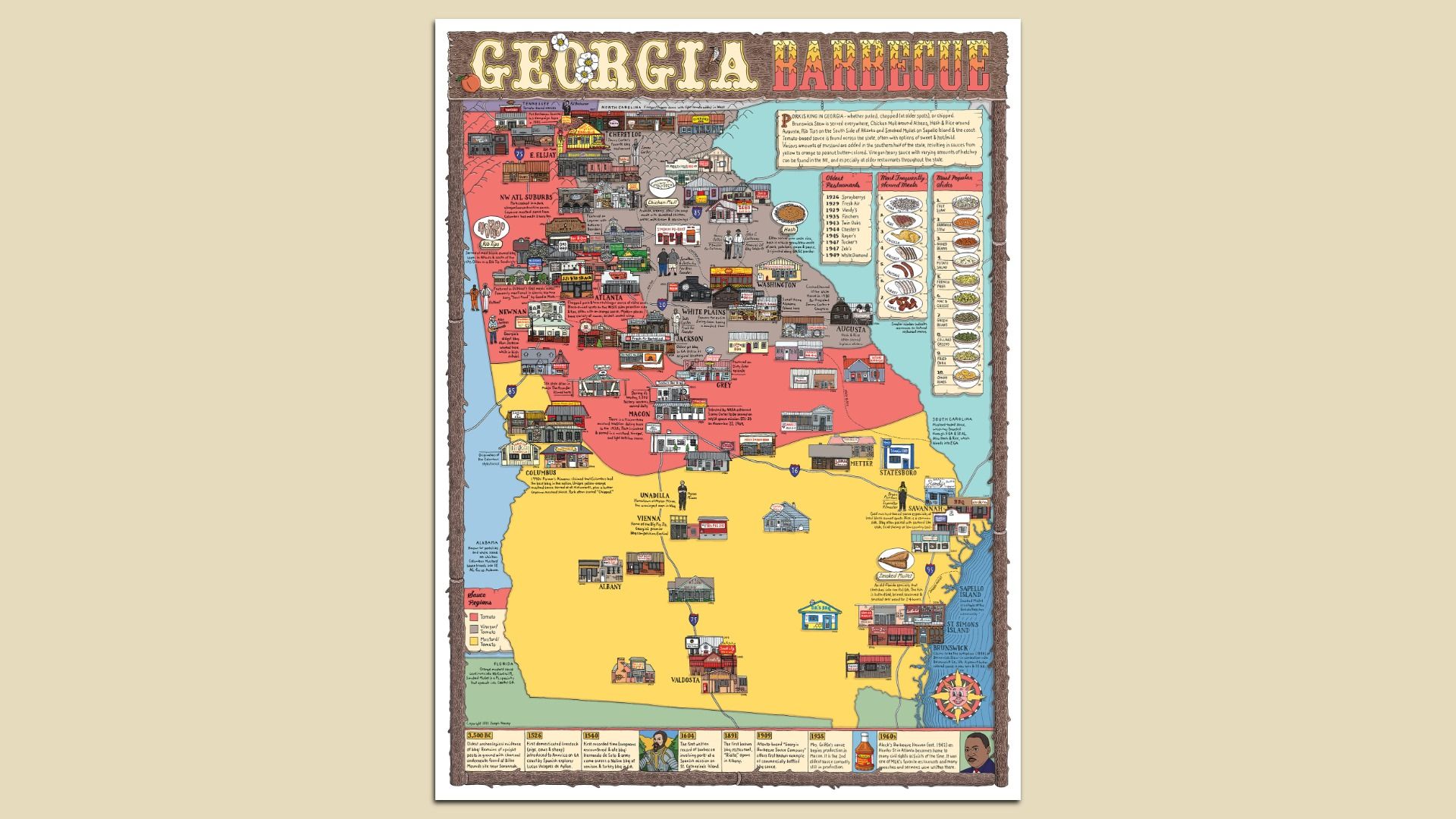 Illustrated map of Georgia highlighting barbecue regions with colorful restaurant icons, sauce styles, food illustrations, and historical notes on barbecue culture across the state.