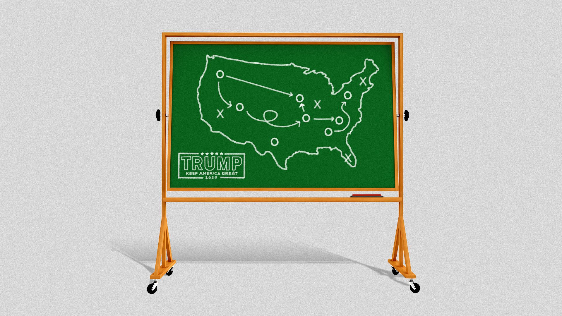 Illustration of a chalk board that says Trump 2020 with a map of the United States and diagrams like a football play