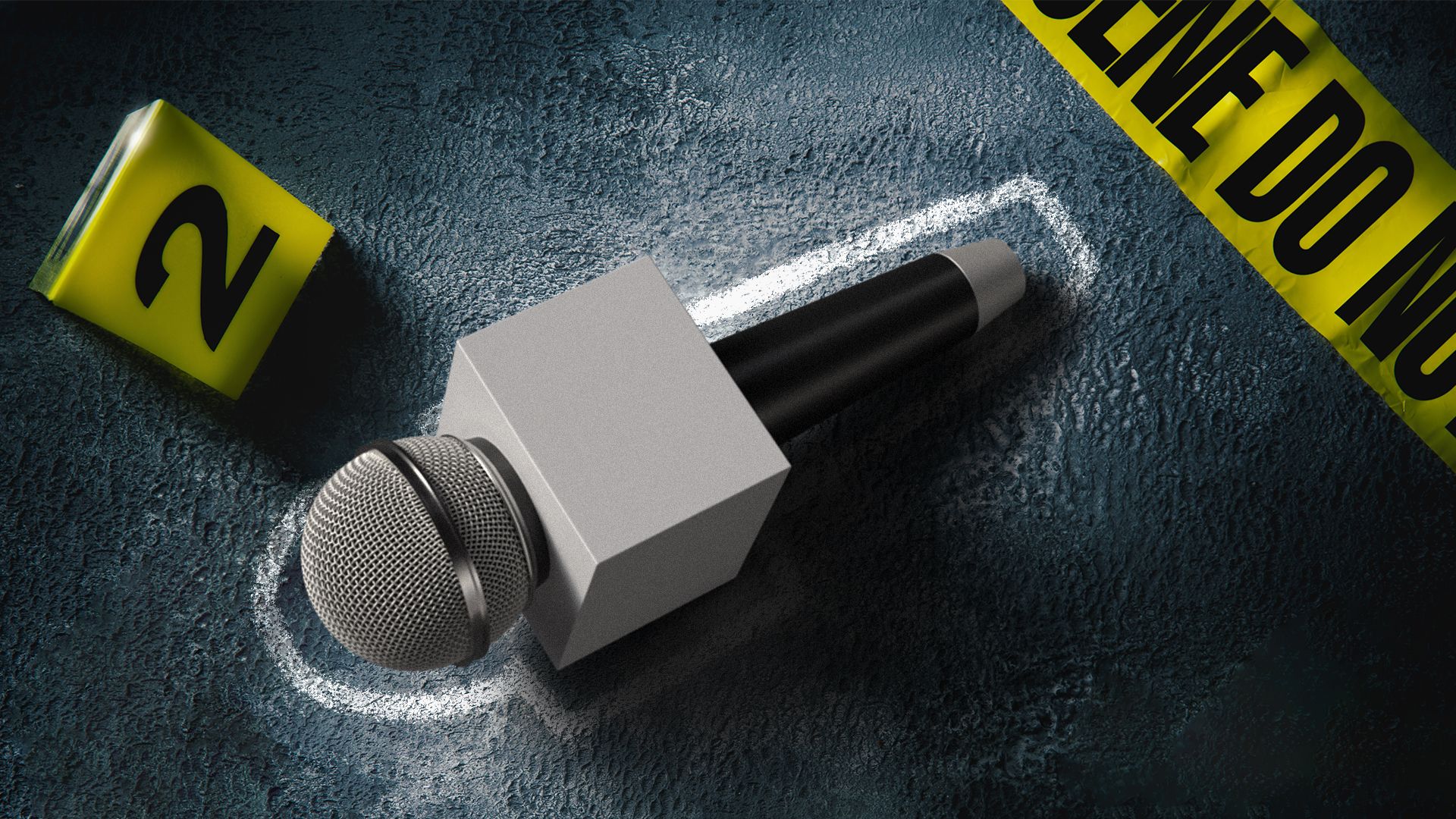 Illustration of a news anchor's microphone at a crime scene.