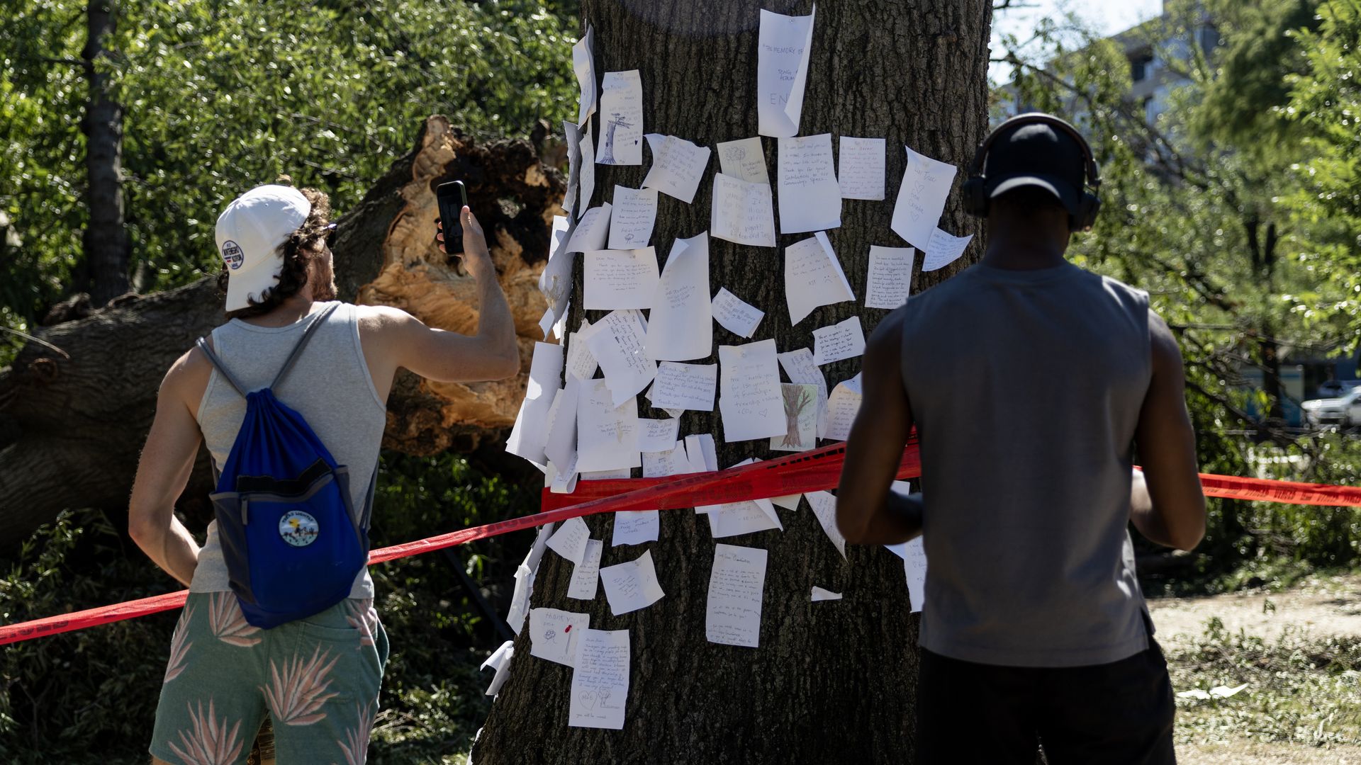 Two people look at a tree broken in half in Dupont Circle. The tree has hand written notes pinned on the trunk