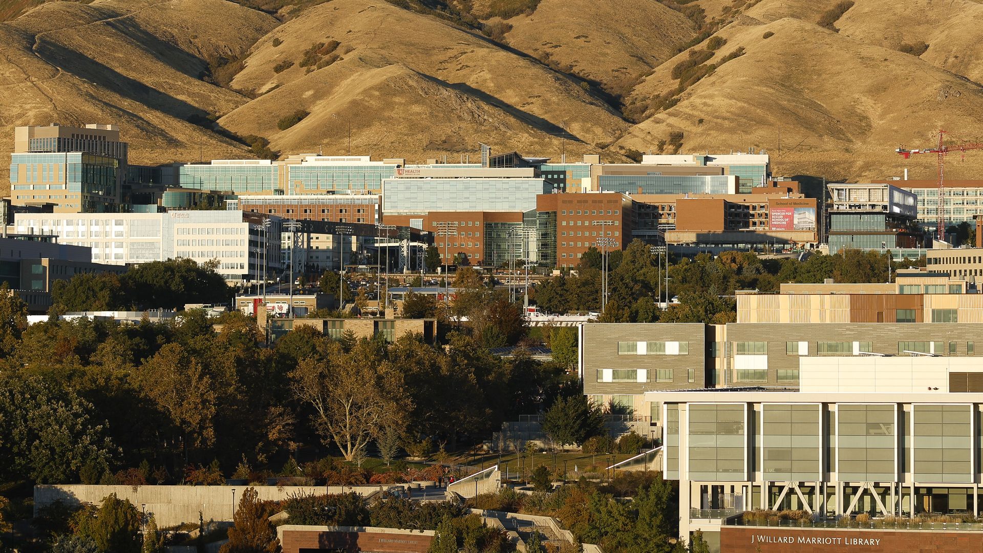 The University of Utah campus taken from the top of the stadium prior to a game between the Utah Utes and TCU Horned Frogs at Rice Eccles Stadium.