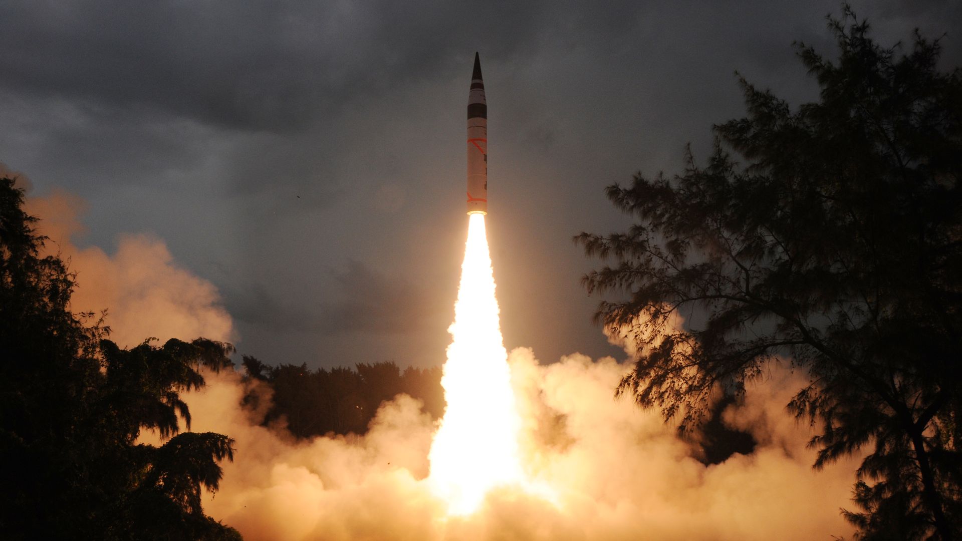 Image of an Indian long-range nuclear-capable missile being launched.