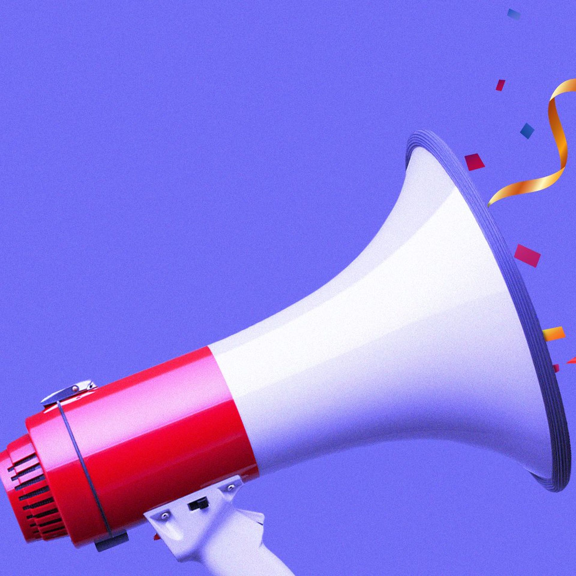 Illustration of ribbons and confetti coming out of a megaphone