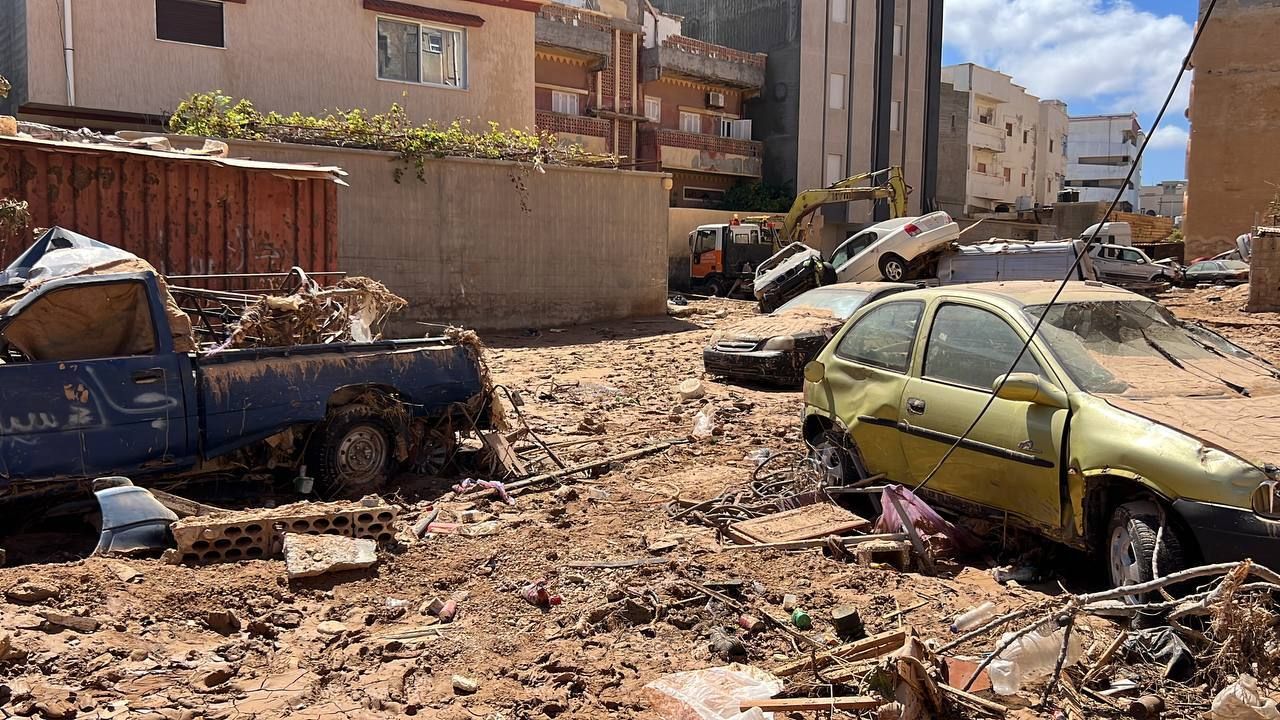 A view of a street filled with damaged cars following the flood due to Storm Daniel in Derna,