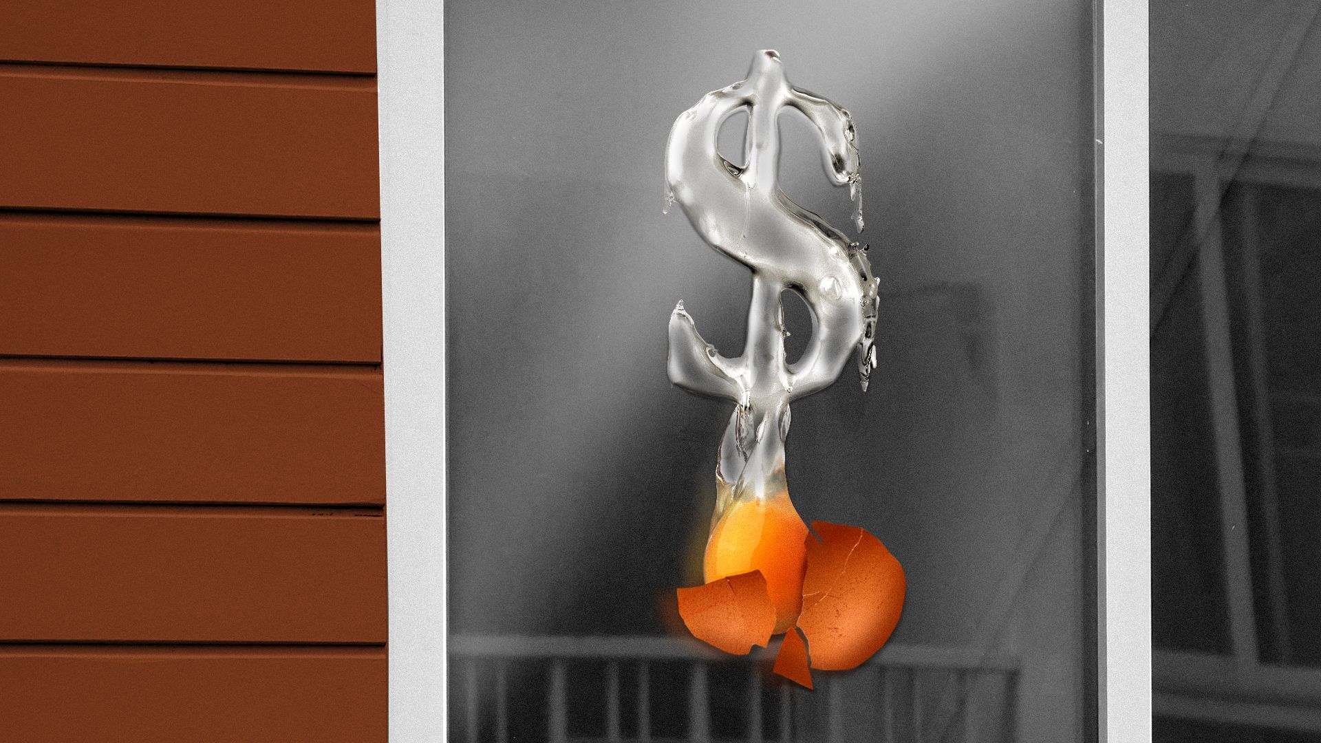 Illustration of a dollar sign made of egg whites on a window.