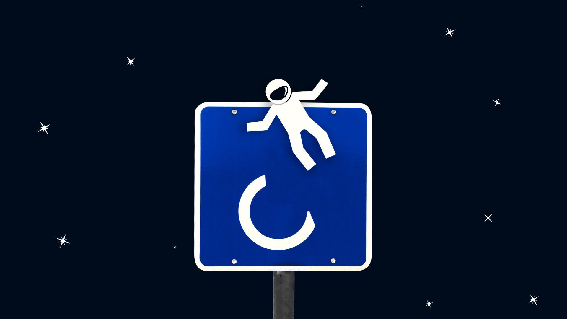 Illustration of a handicap sign with the figure wearing an astronaut helmet and floating away from the sign up towards the stars. 