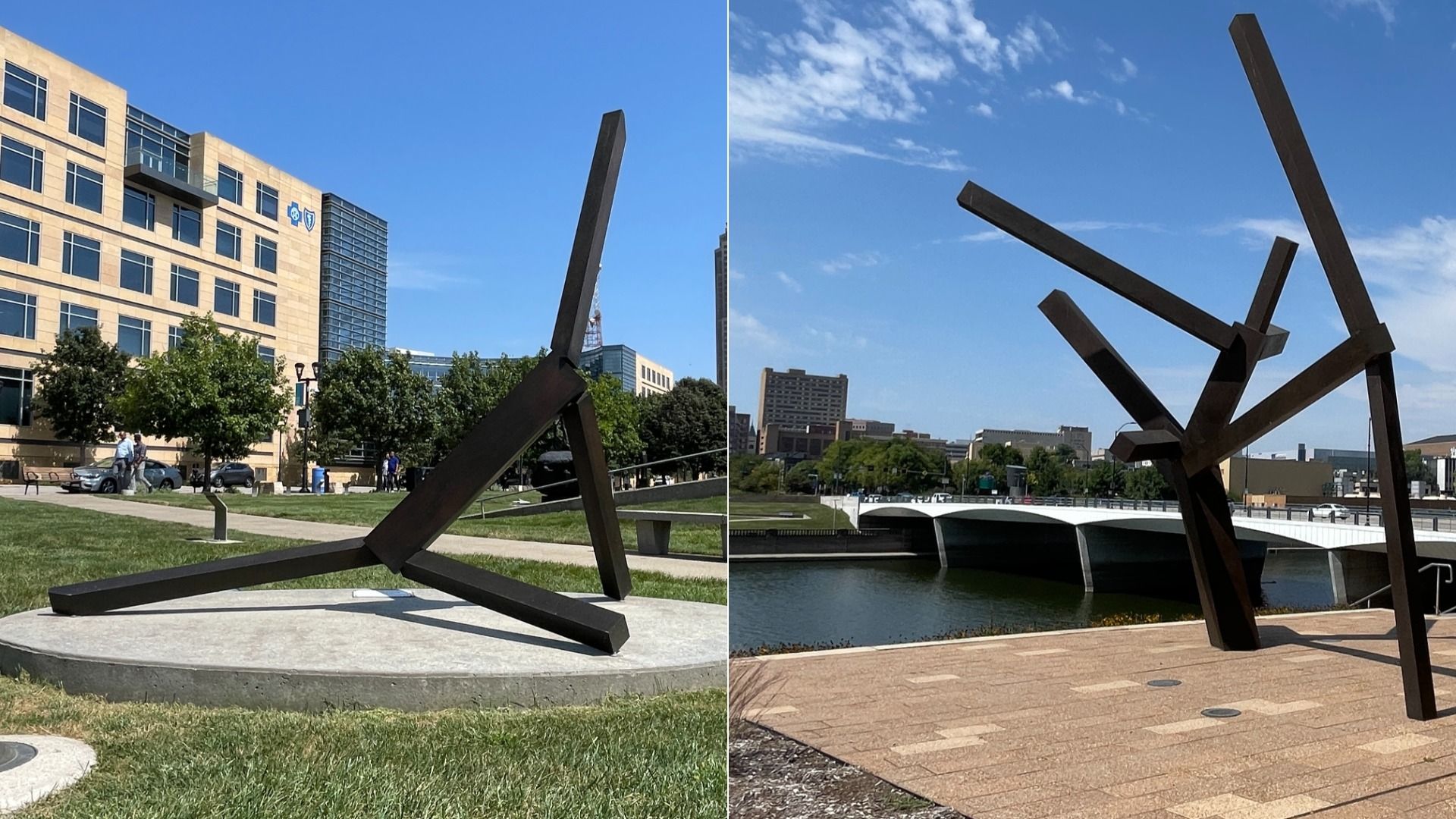 Two-panel view of a large dark metal abstract sculpture outdoors. Left shows a beige office building, trees, and pedestrians; right shows a close view with a river, bridge, and city skyline.