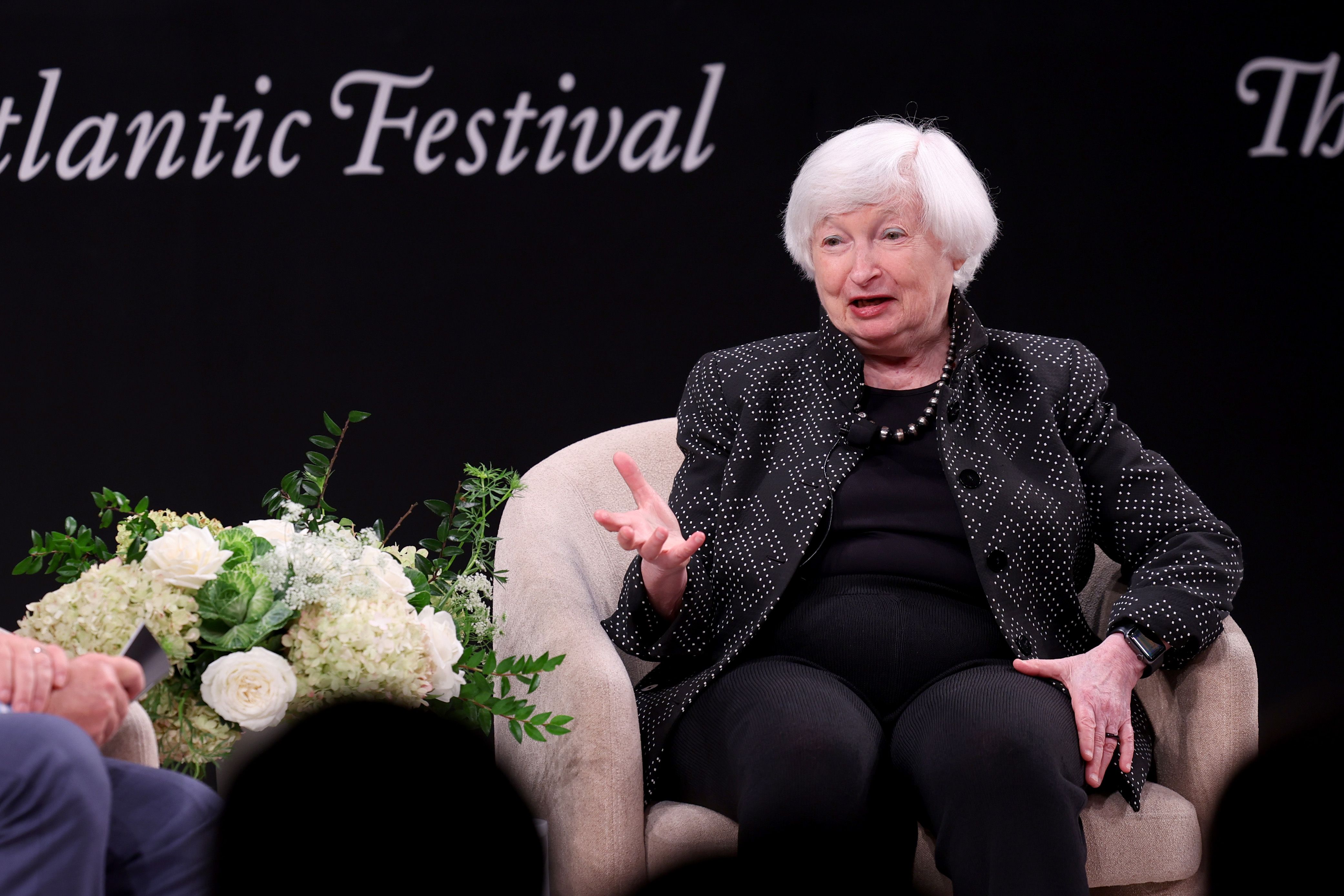 WASHINGTON, DC - SEPTEMBER 19: Janet Yellen speaks on stage during "The State of the U.S. Economy" panel for The Atlantic Festival 2024 on September 19, 2024 in Washington, DC. (Photo by Tasos Katopodis/Getty Images for The Atlantic)