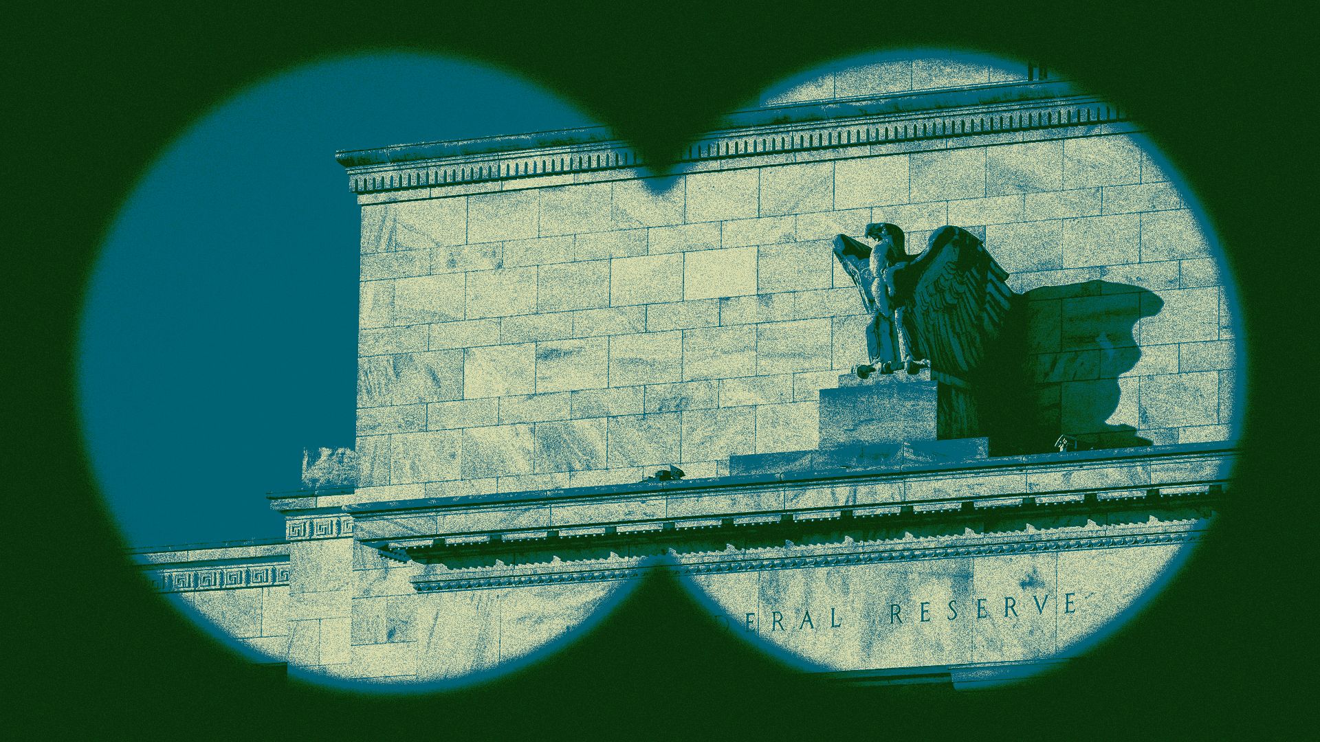 Illustration of the Federal Reserve building seen through a pair of binoculars.