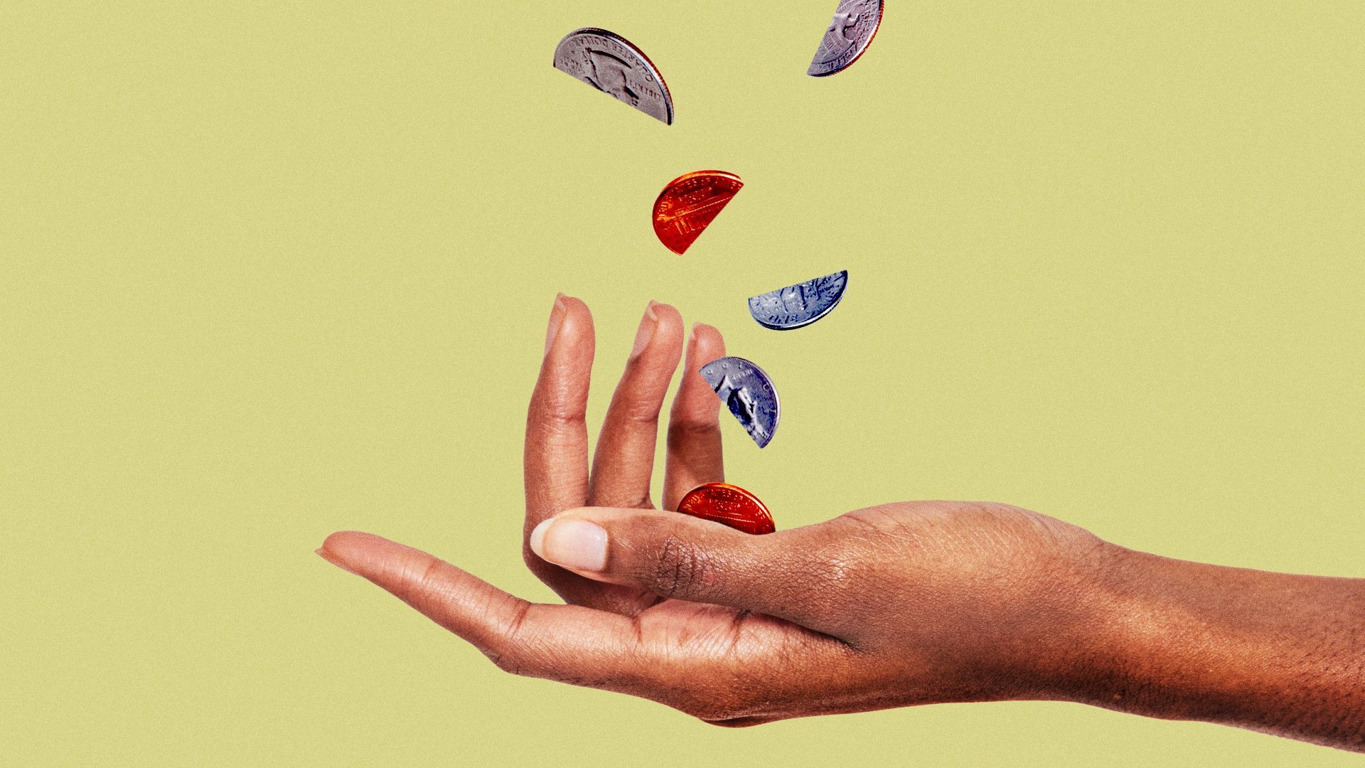 Illustration of half-coins falling into a woman's hand. 