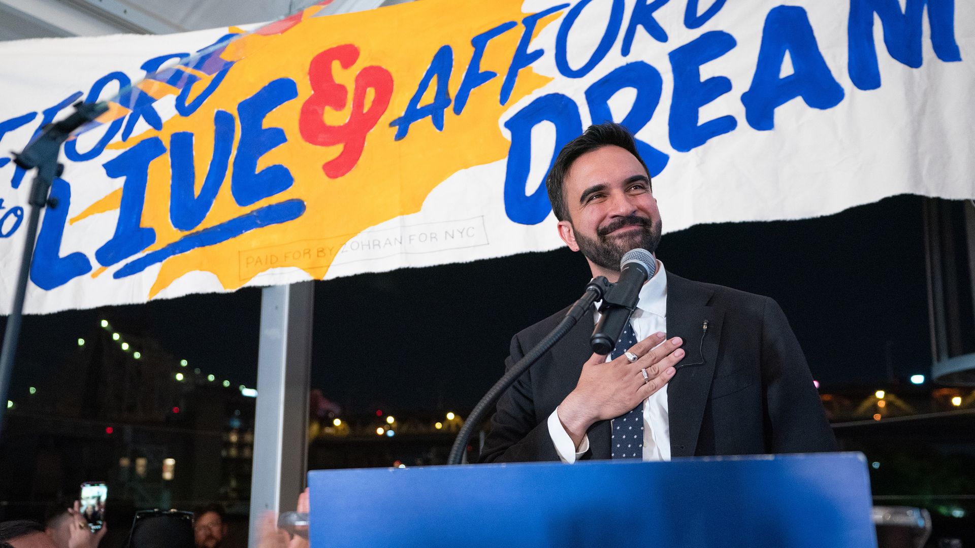 Zohran Mamdani speaks during his victory party in the Queens borough of New York City early June 25, 2025. 