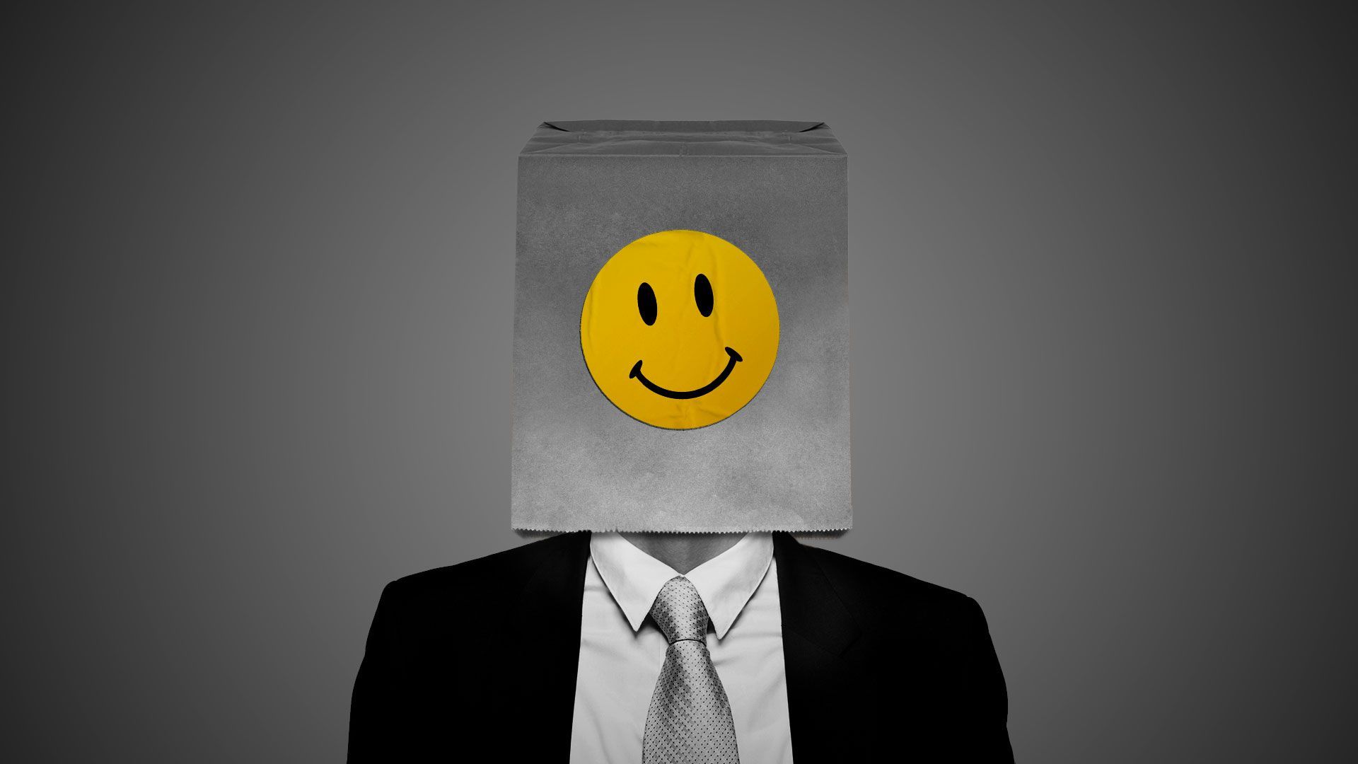 Illustration of a paper bag with a smiley face sticker over a business person's head.