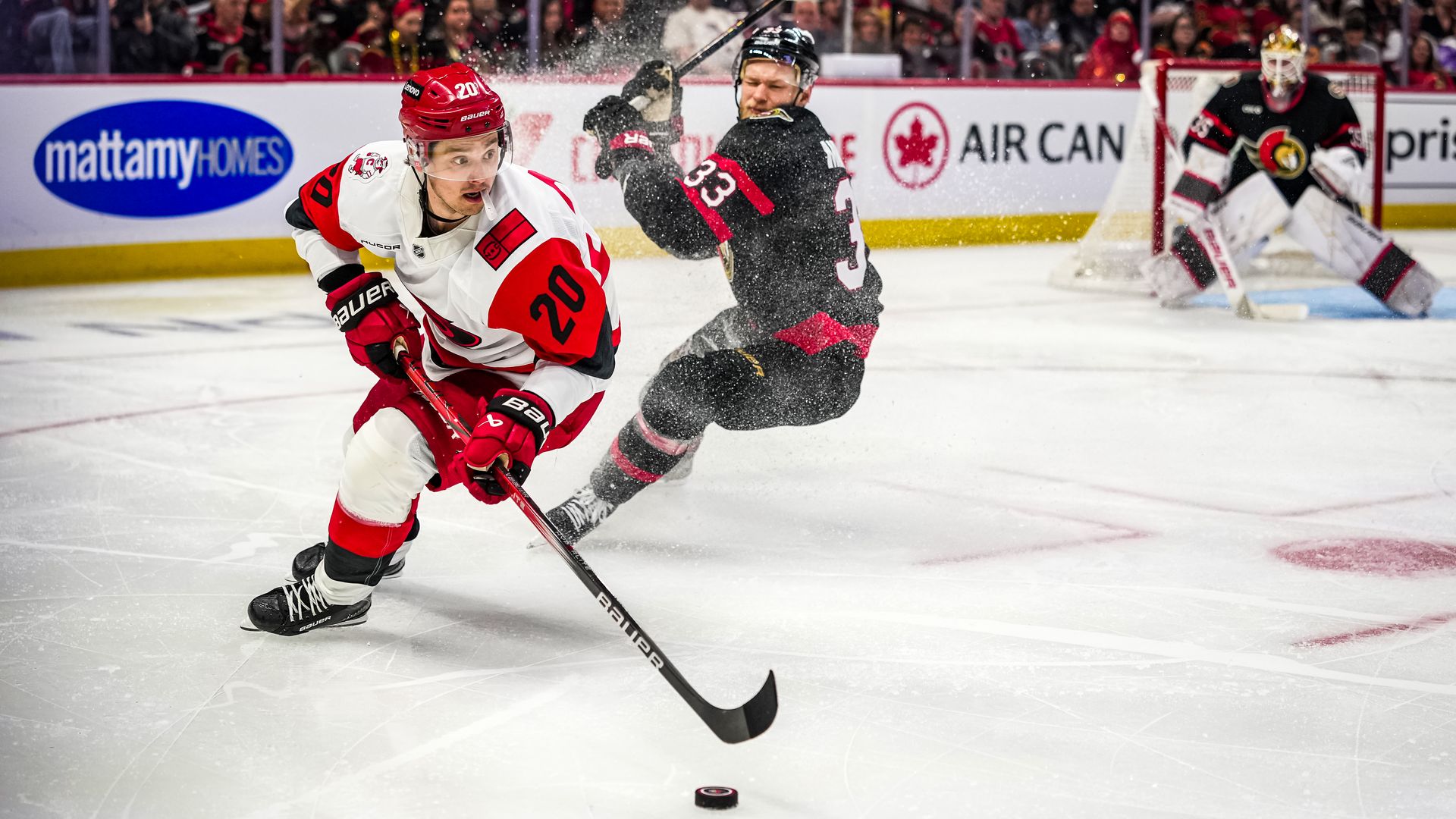 OTTAWA, CANADA - APRIL 23: Sebastian Aho #20 of the Carolina Hurricanes skates during the third period against the Ottawa Senators in Game Three of the First Round of the 2026 Stanley Cup Playoffs at Canadian Tire Centre on April 23, 2026 in Ottawa, Ontario, Canada. (Photo by JOTTAWA, CANADA - APRIL