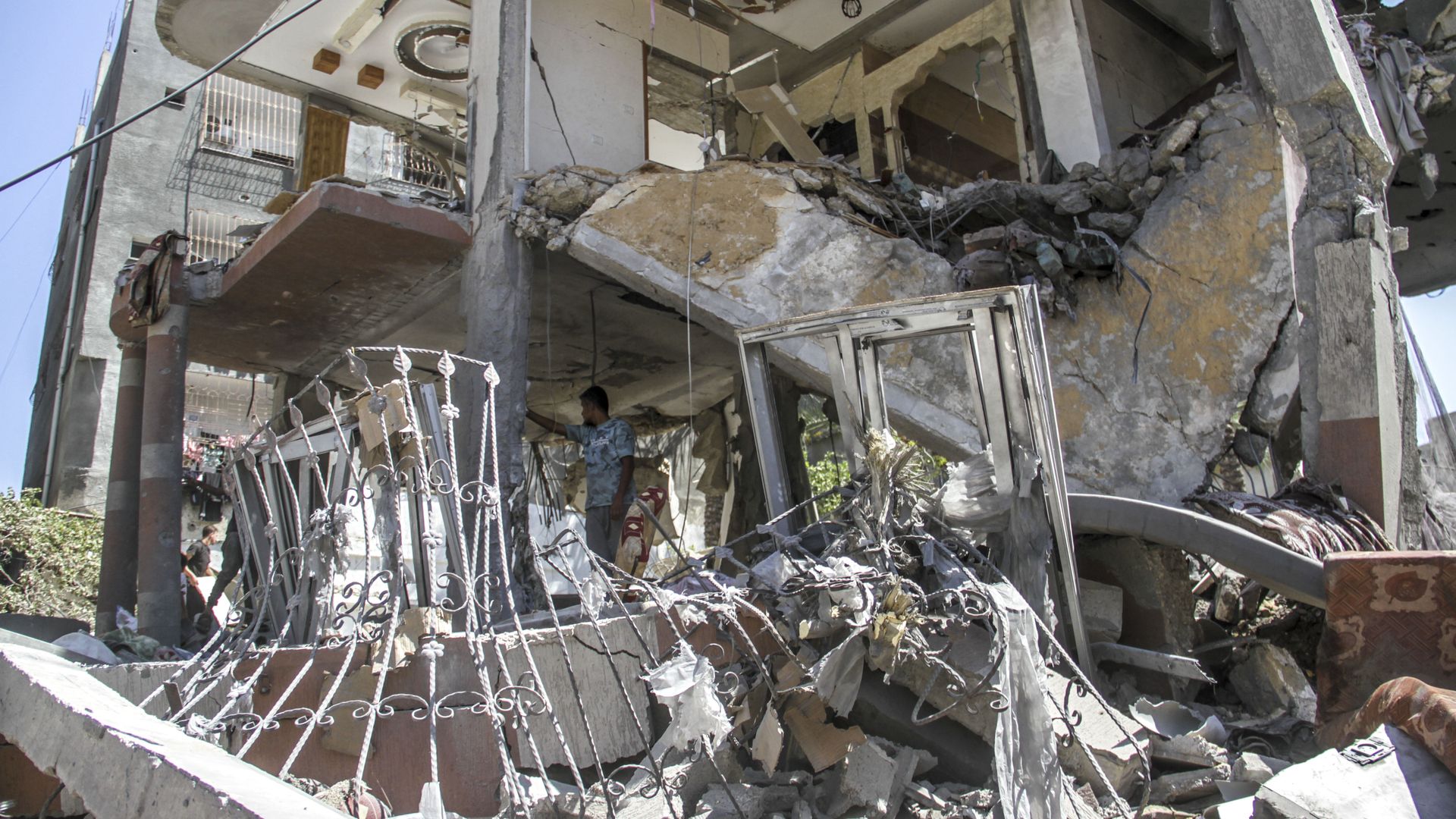Palestinians inspect the damage from an Israeli attack in the Jabalia Refugee Camp in Jabalia, Gaza on September 11, 2024.
