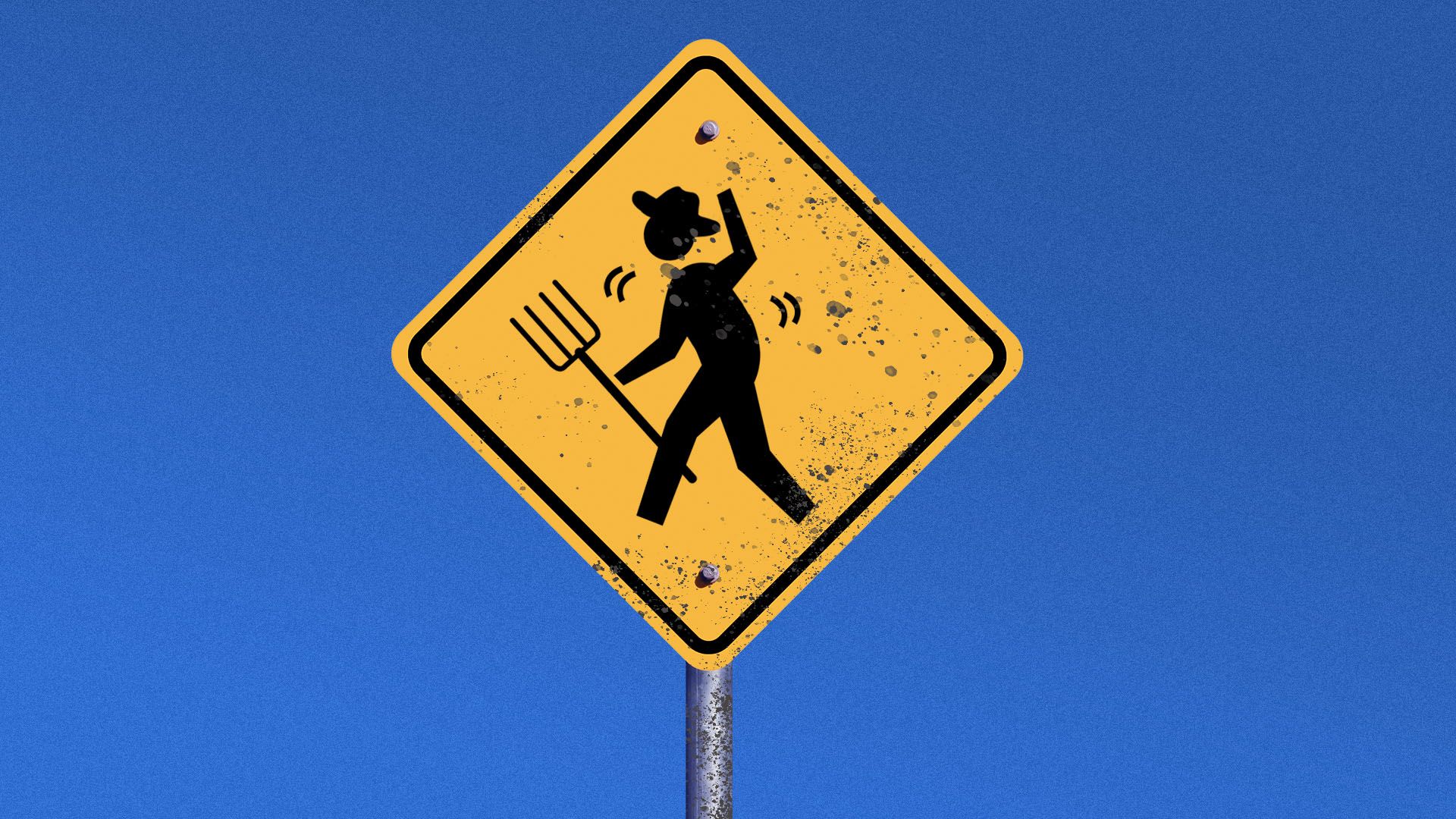 Illustration of a mud-covered street sign featured a struggling farmer icon