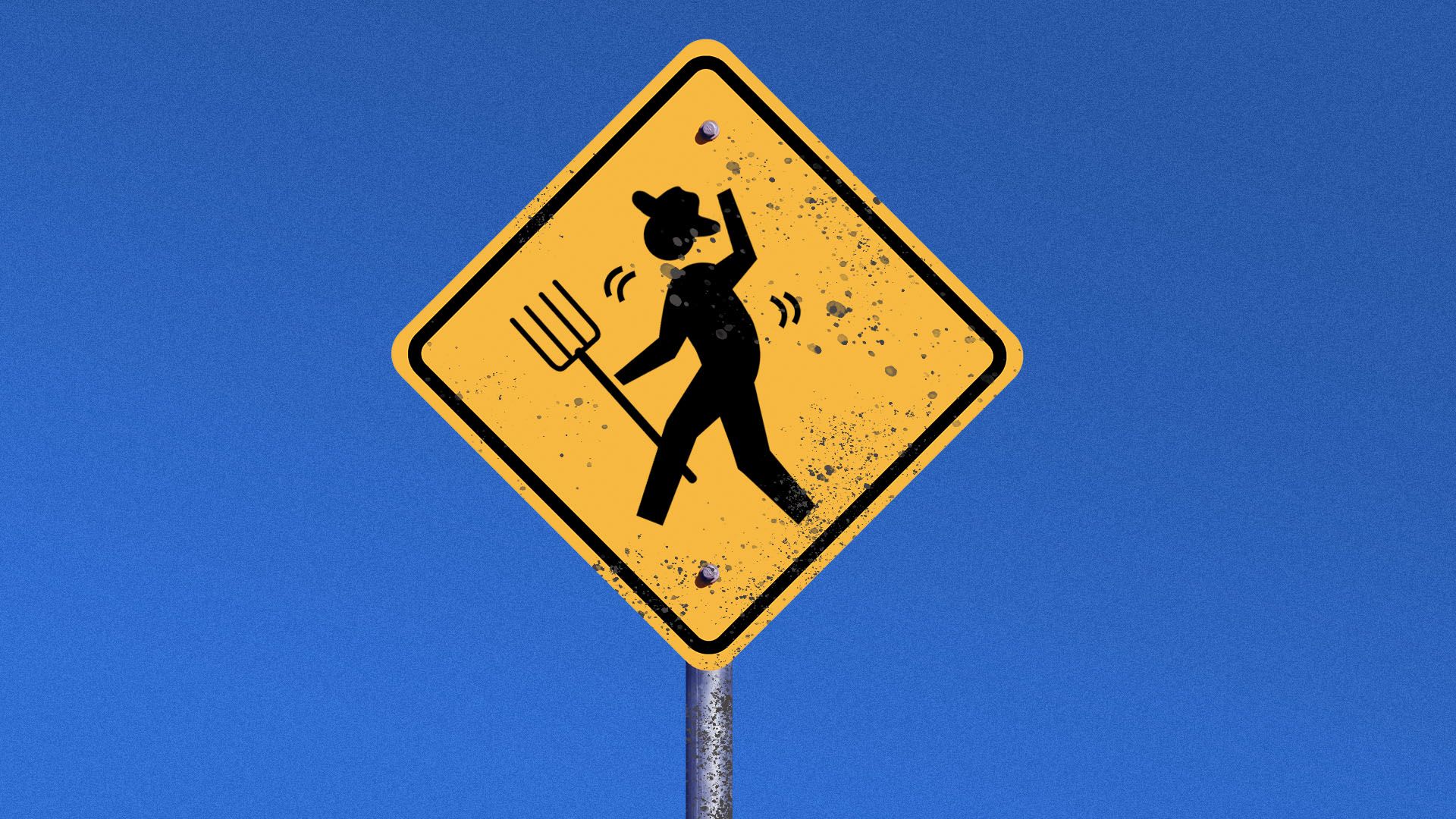 Illustration of a mud-covered street sign featured a struggling farmer icon