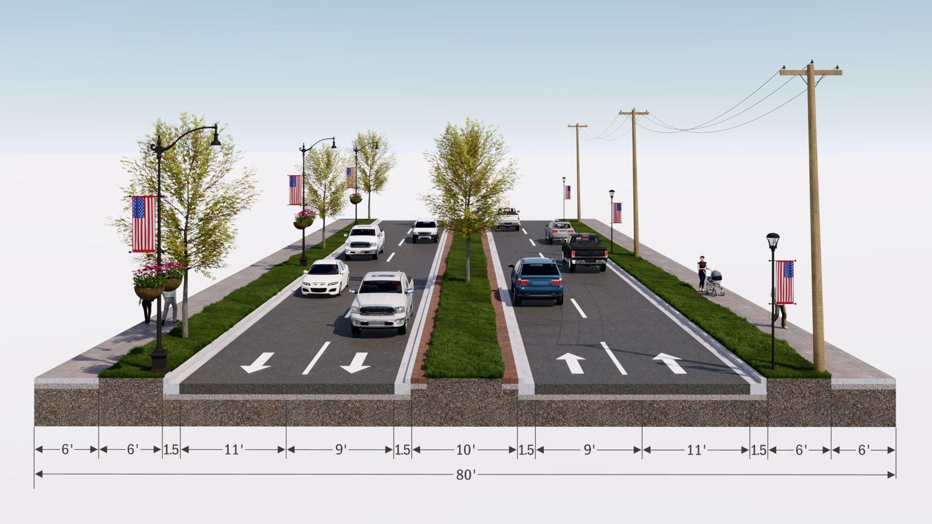 A rendering of College Ave. in Fayetteville, Arkansas, with a median and trees in place.