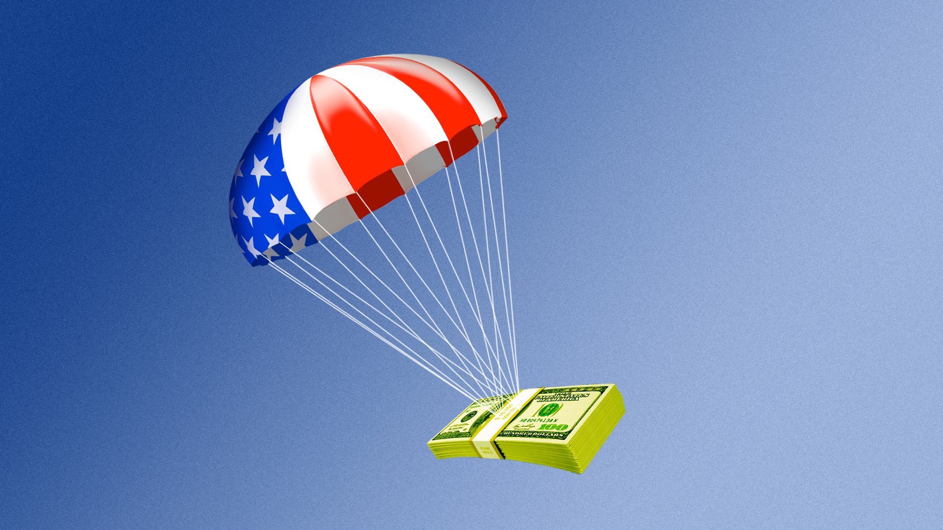 Illustration of a stack of money being parachuted in and the parachute has an American flag pattern.