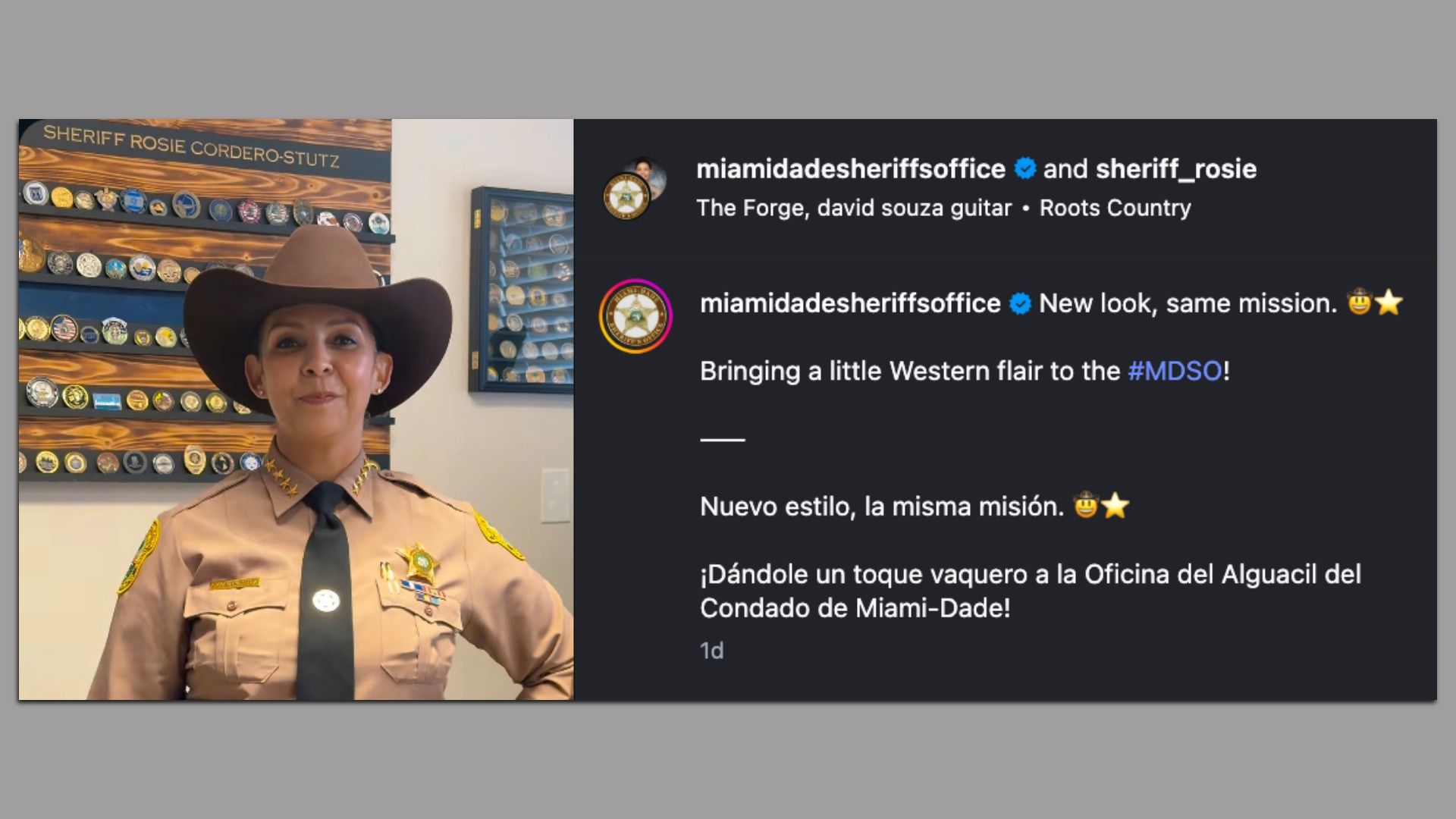 Miami-Dade Sheriff Rosie Cordero-Stutz in a video announcing new cowboy hats for deputies. She wears the hat.