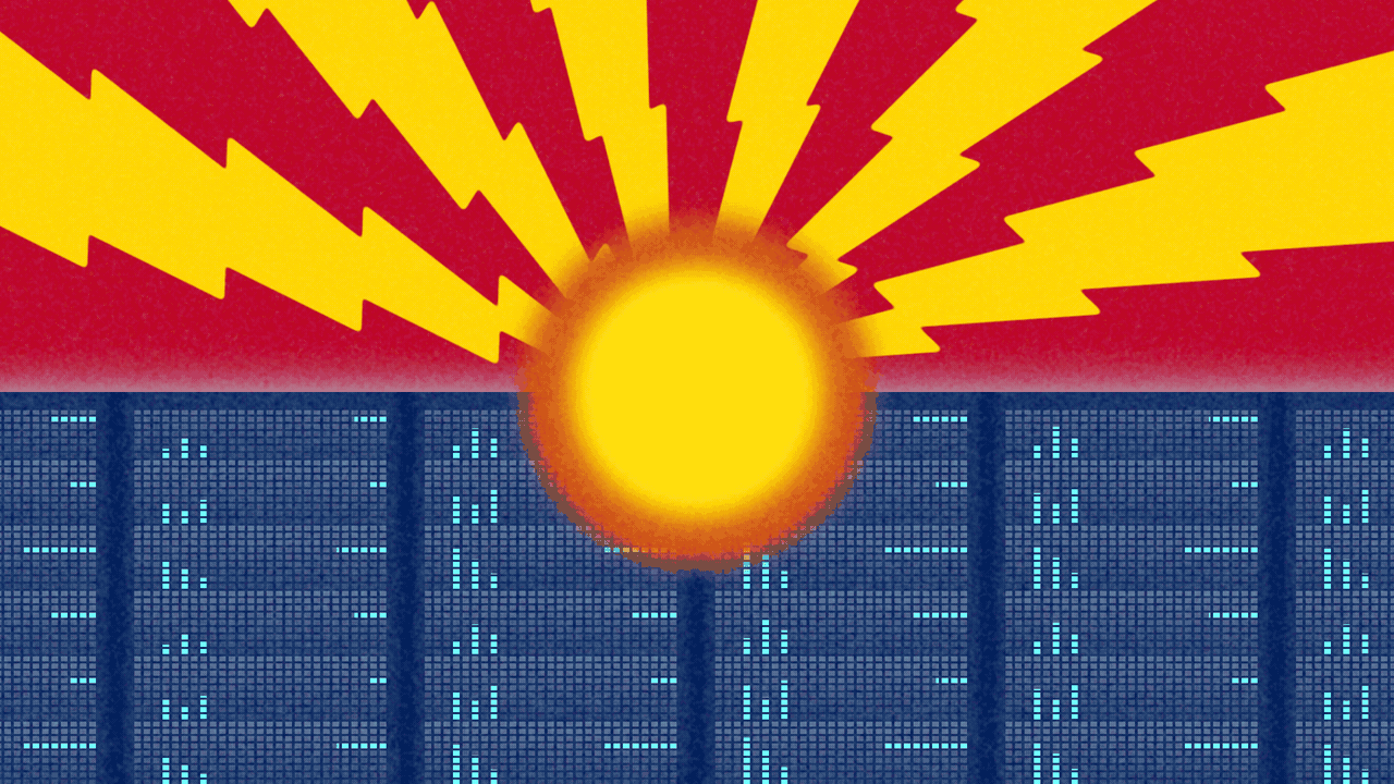Animated Arizona flag with an abstracted, glowing data center for the blue bottom part, lightning bolts flowing toward the center instead of yellow stripes, and a sun instead of a star.