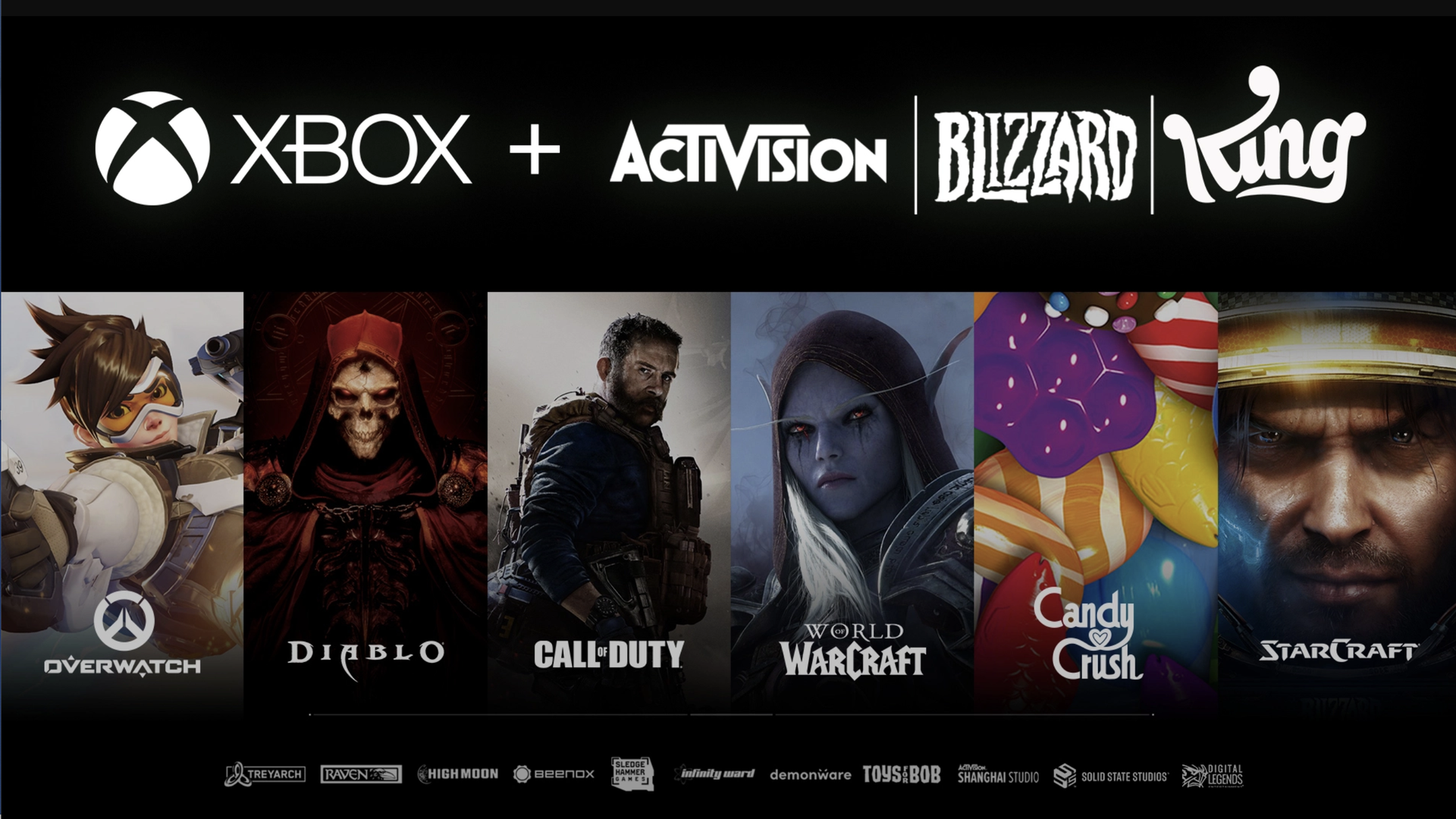 A collage of logos showing the franchises and studios Microsoft will acquire if it buys Activision Blizzard