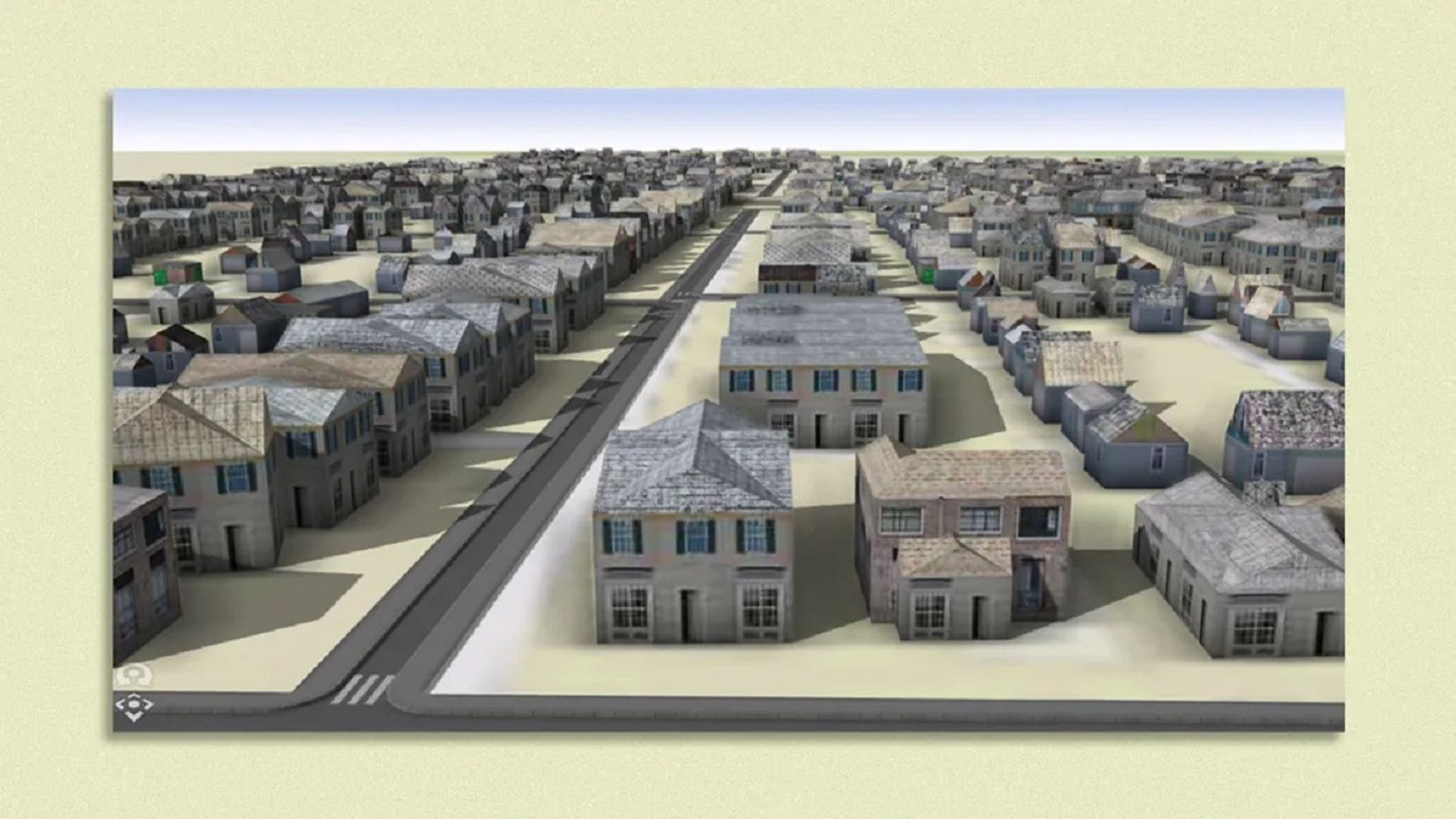 A 3D recreation showing homes and roads.